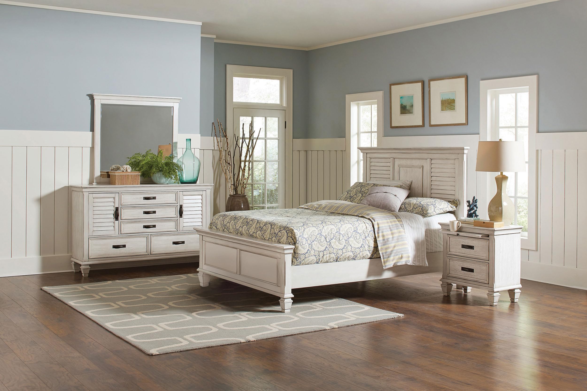 Coaster Home Furnishings Franco Farmhouse 4-Piece Bedroom Set Eastern King Size Panel Bed Frame 57-inch Headboard Distressed White 205331KE-S4
