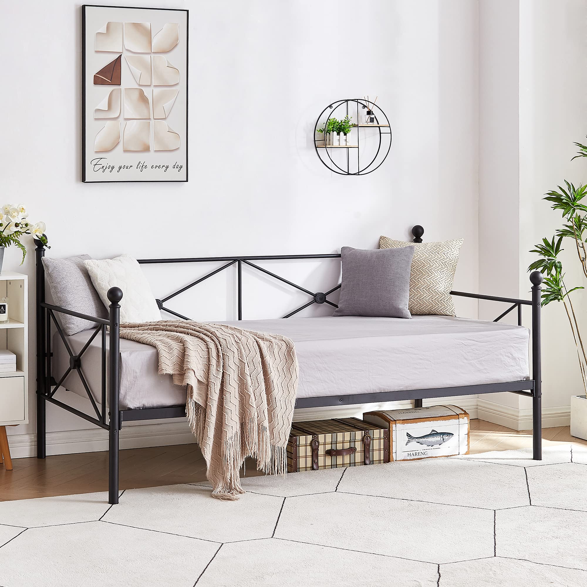 VECELO Twin Daybed Frame, Metal Day Bed with Stylish Headboard, Multifunctional Platform Beds for Bedroom, Living Room, Guest Ro