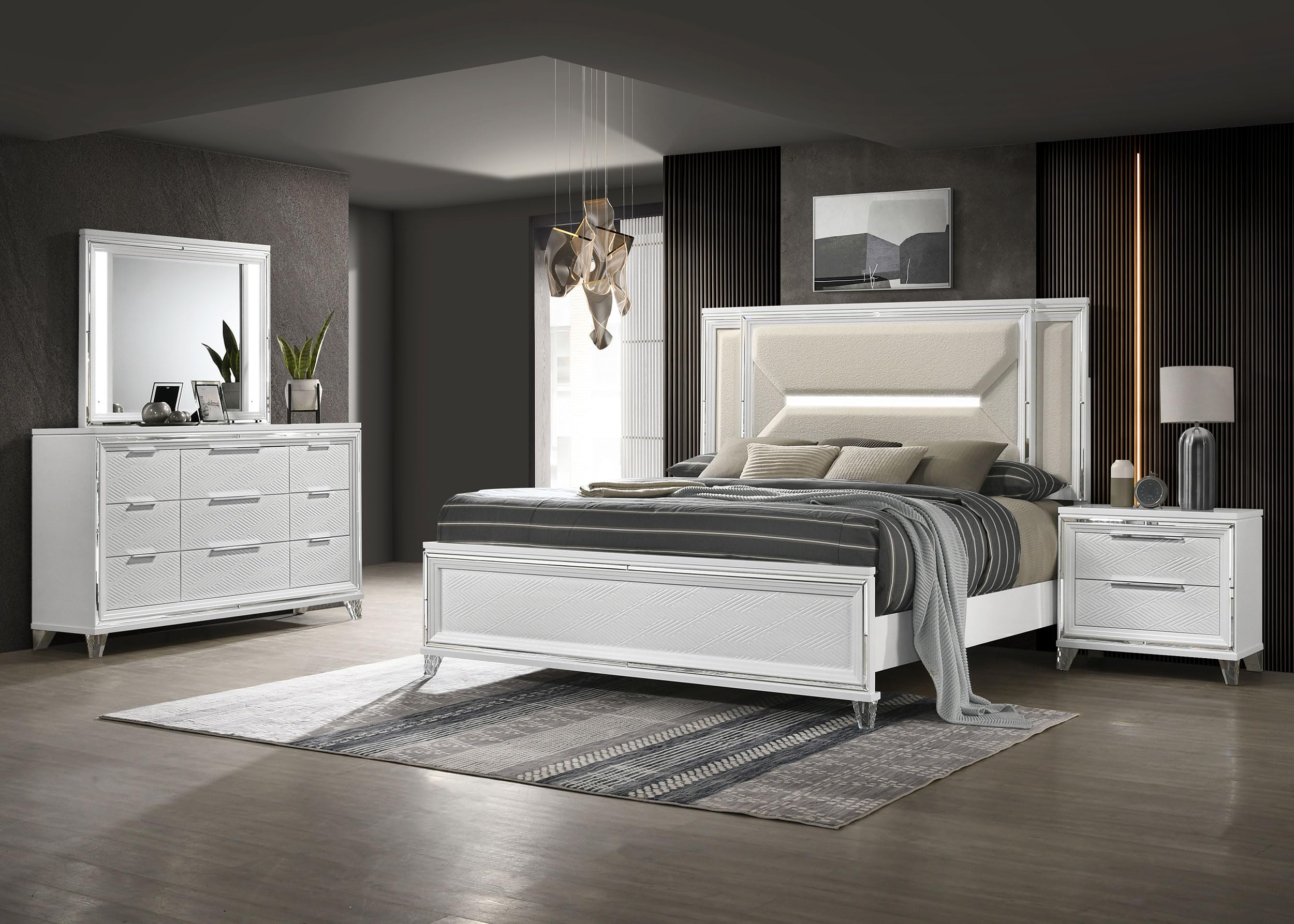 Coaster Home Furnishings Marmore Contemporary 4-Piece Bedroom Set Boucle Upholstered Eastern King Size LED Panel Bed Frame 64-inch Headboard White 224961KE-S4