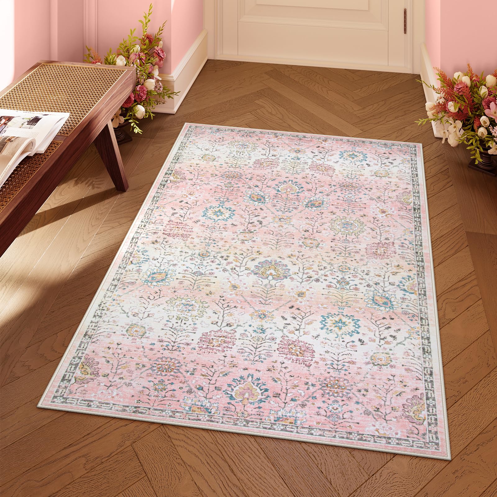 Lahome Light Pink Boho Rug, 3x5 Machine Washable Area Rugs for Dorm Girls, Soft Floral Small Nursery Pastel Mat, Pink Carpet for