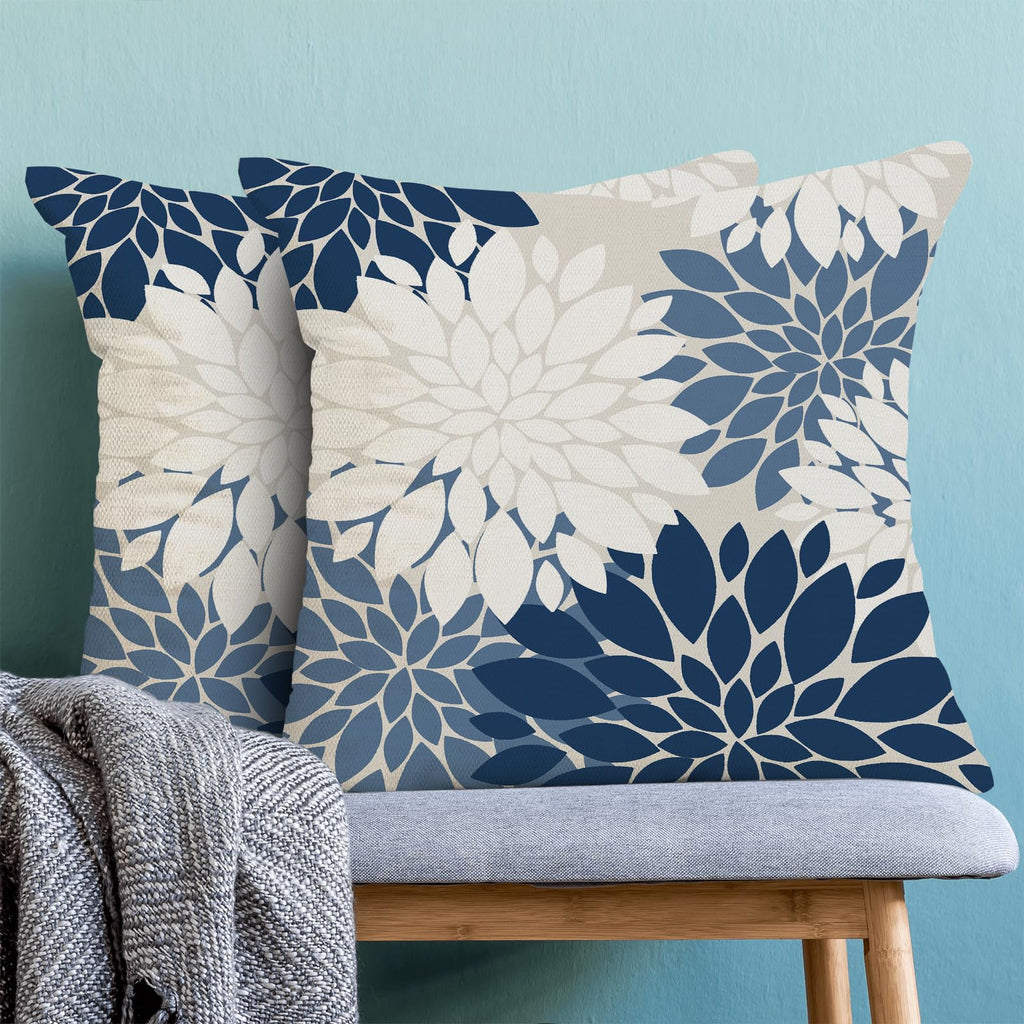Cxmeifly Navy Blue White Summer Outdoor Pillow Covers 18X18 Inch Set Of 2 Dusty Blue Dahlia Floral Decor Throw Pillows Modern Ge