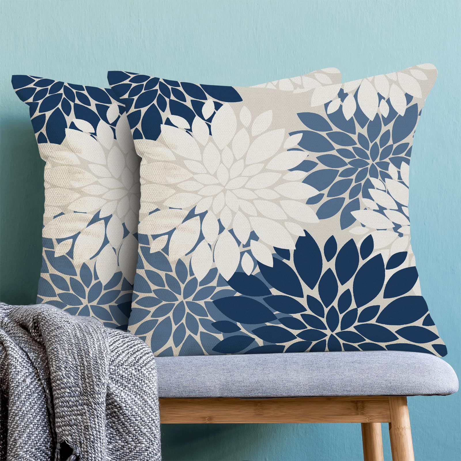 Cxmeifly Navy Blue White Summer Outdoor Pillow Covers 18X18 Inch Set Of 2 Dusty Blue Dahlia Floral Decor Throw Pillows Modern Ge