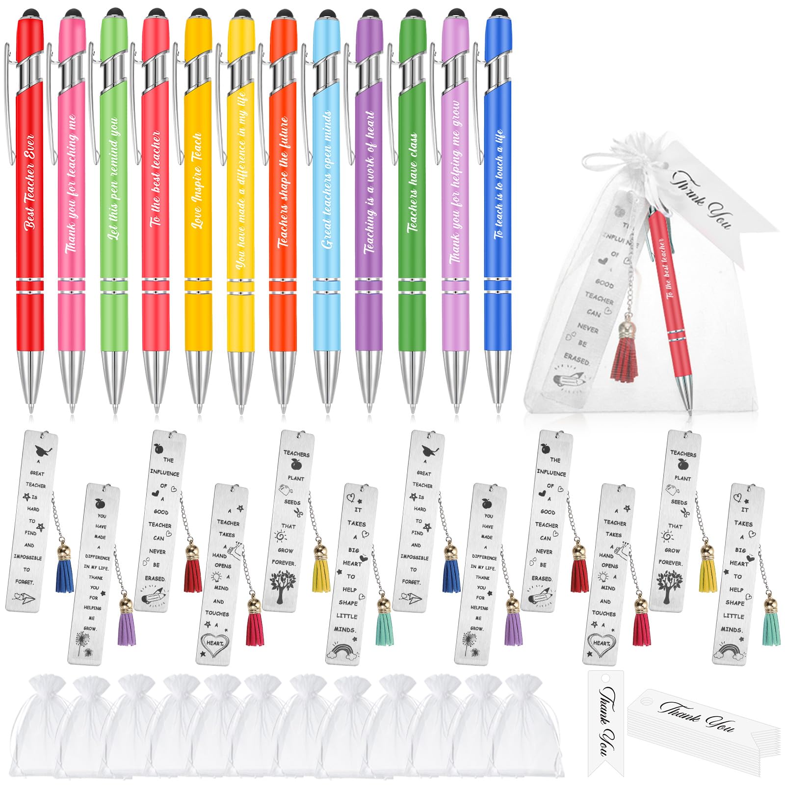 Yingzhao 12 Sets Teachers' Day Teacher Appreciation Gifts Includes 12 Metal Bookmark With Tassels 12 Bling Teacher Ballpoint Pen