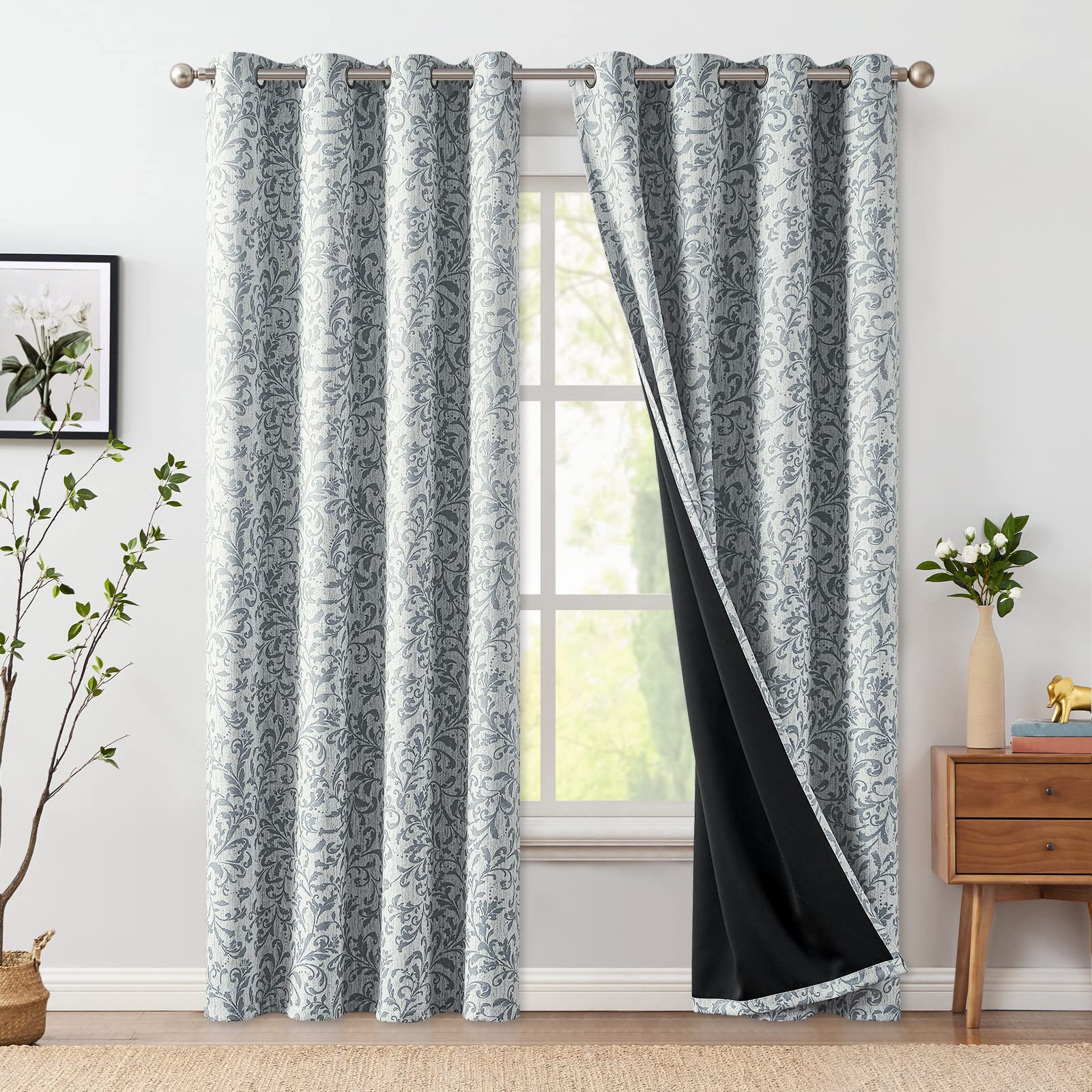 Jinchan 100% Blackout Curtains For Bedroom 90 Inches Long Silver Grey Scroll Floral Window Curtains For Living Room Farmhouse Vintage Drapes Thermal Insulated Grommet Window Treatments 2 Panels Set