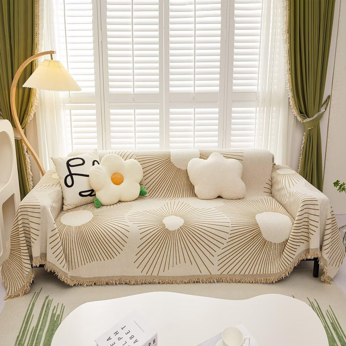 VClife Boho Couch Cover Cooling Warm Dog Cat Sectional Sofa Cover for 3-4 Cushion Couch Sofa, Simple Style Non Slip Beige Khaki 
