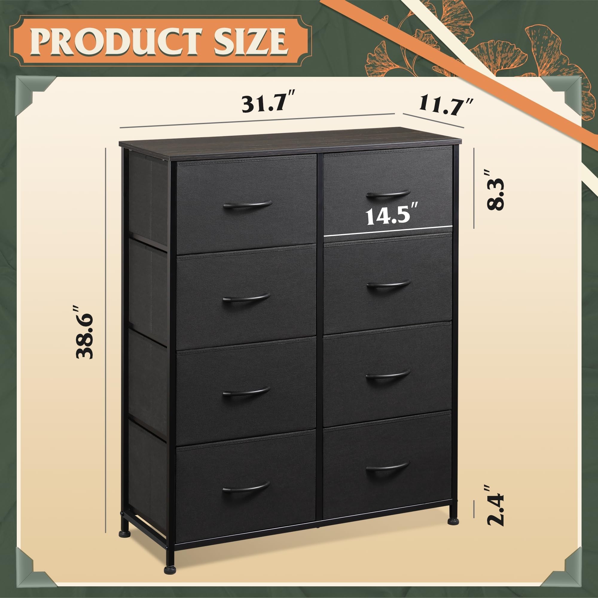 Wlive Fabric Dresser For Bedroom, Tall Dresser With 8 Drawers, Storage Tower With Fabric Bins, Double Dresser, Chest Of Drawers For Closet, Living Room, Hallway, Charcoal Black