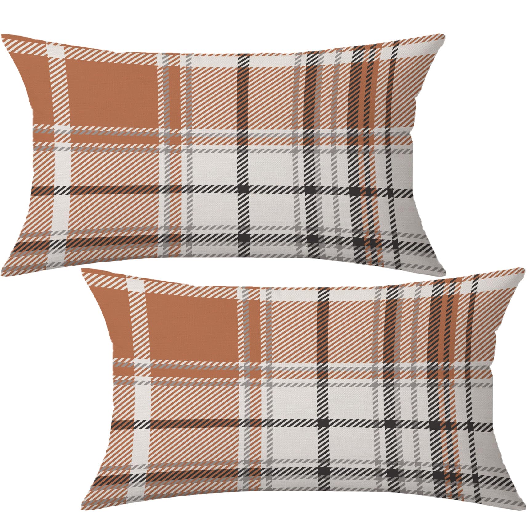 Aofanggo Set Of 2 Fall Pillow Covers Autumn Decorative Throw Pillow Cases 12X20 Inch Orange Grey Plaids Cushion Covers Faux Line