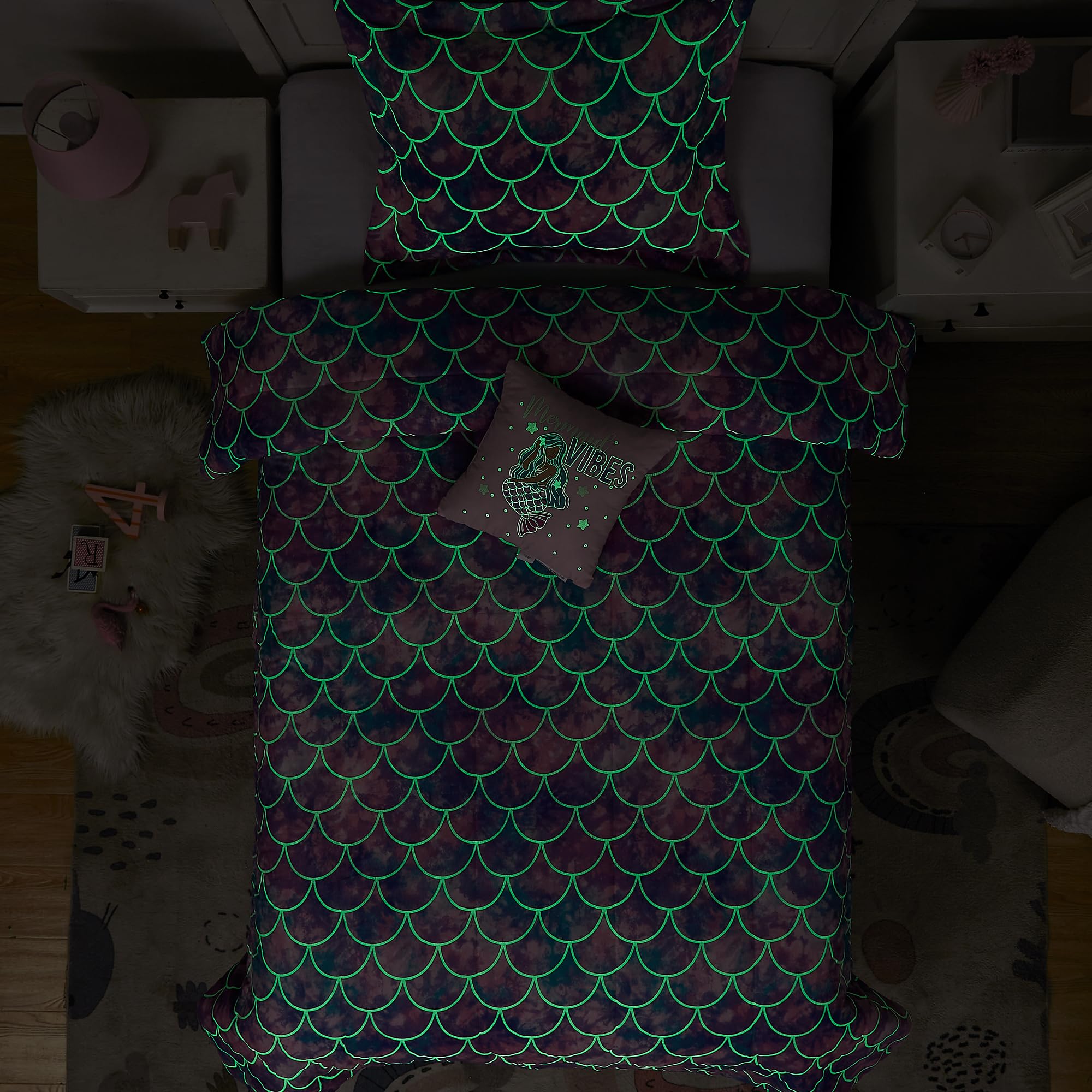 Kaleido Space Kaleidospace Pink Comforter Twin For Kids, Glow In The Dark Mermaid Bedding Sets With Decor Pillow, 3 Pieces Girls