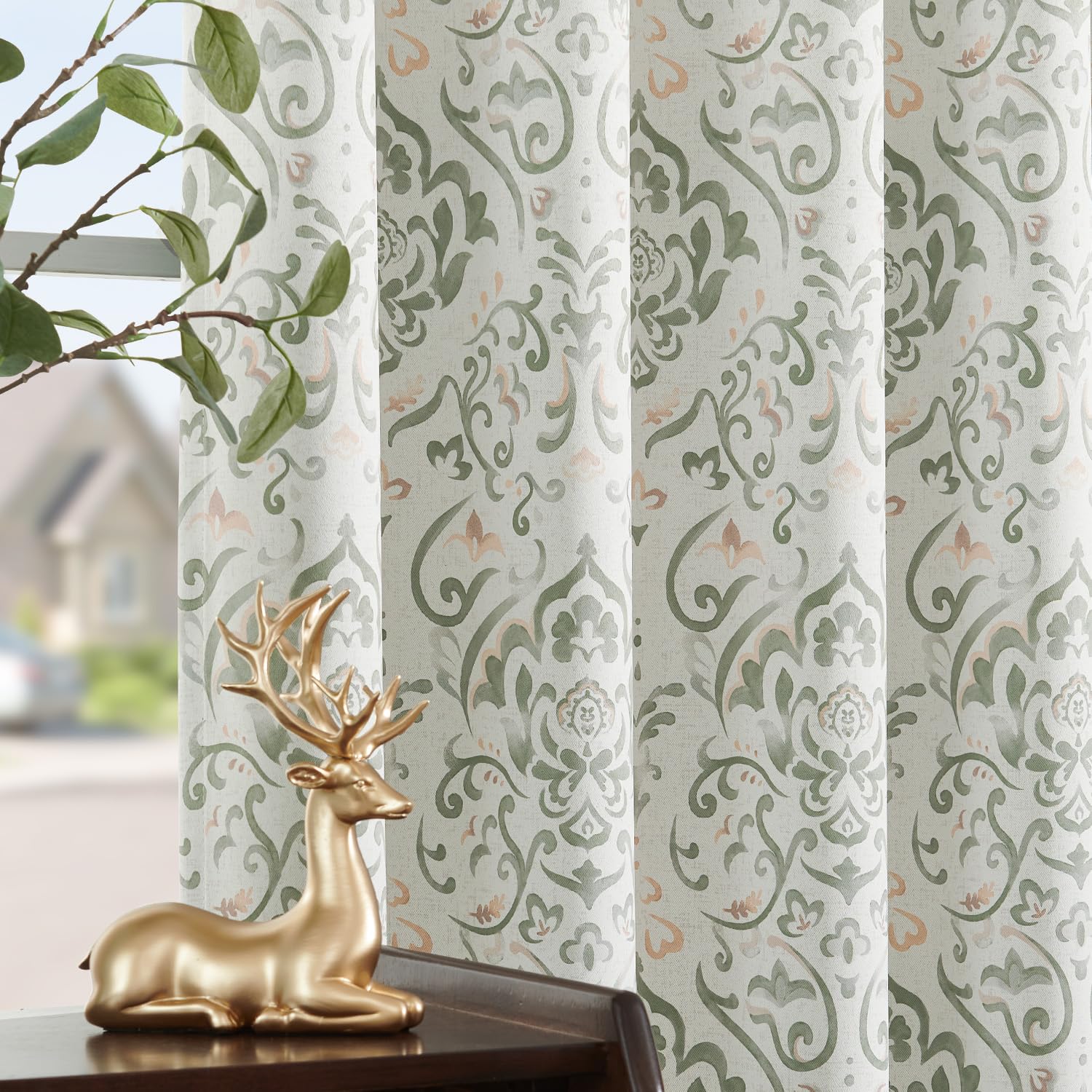 Lazzzy Sage Green Floral Damask Blackout Curtains 84 Inches Long for Living Room, Medallion Farmhouse Vintage Floral Printed Roo