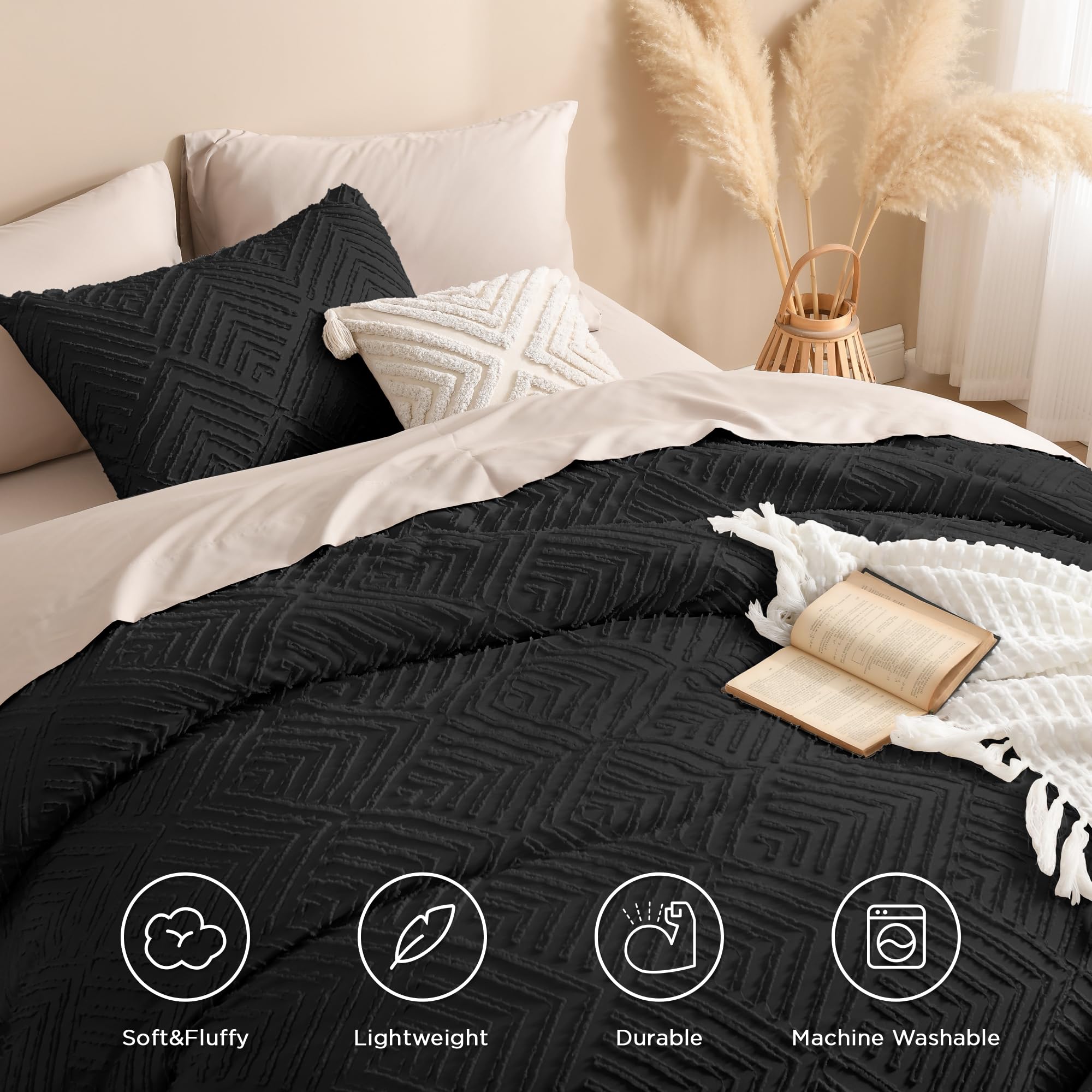 Andency Black Comforter King Set, 3 Pieces Boho Bedding Set & Collections, Farmhouse Tufted Fluffy Bedding Comforter Sets For King Bed (1 Comforter 104X90In, 2 Pillowcases)