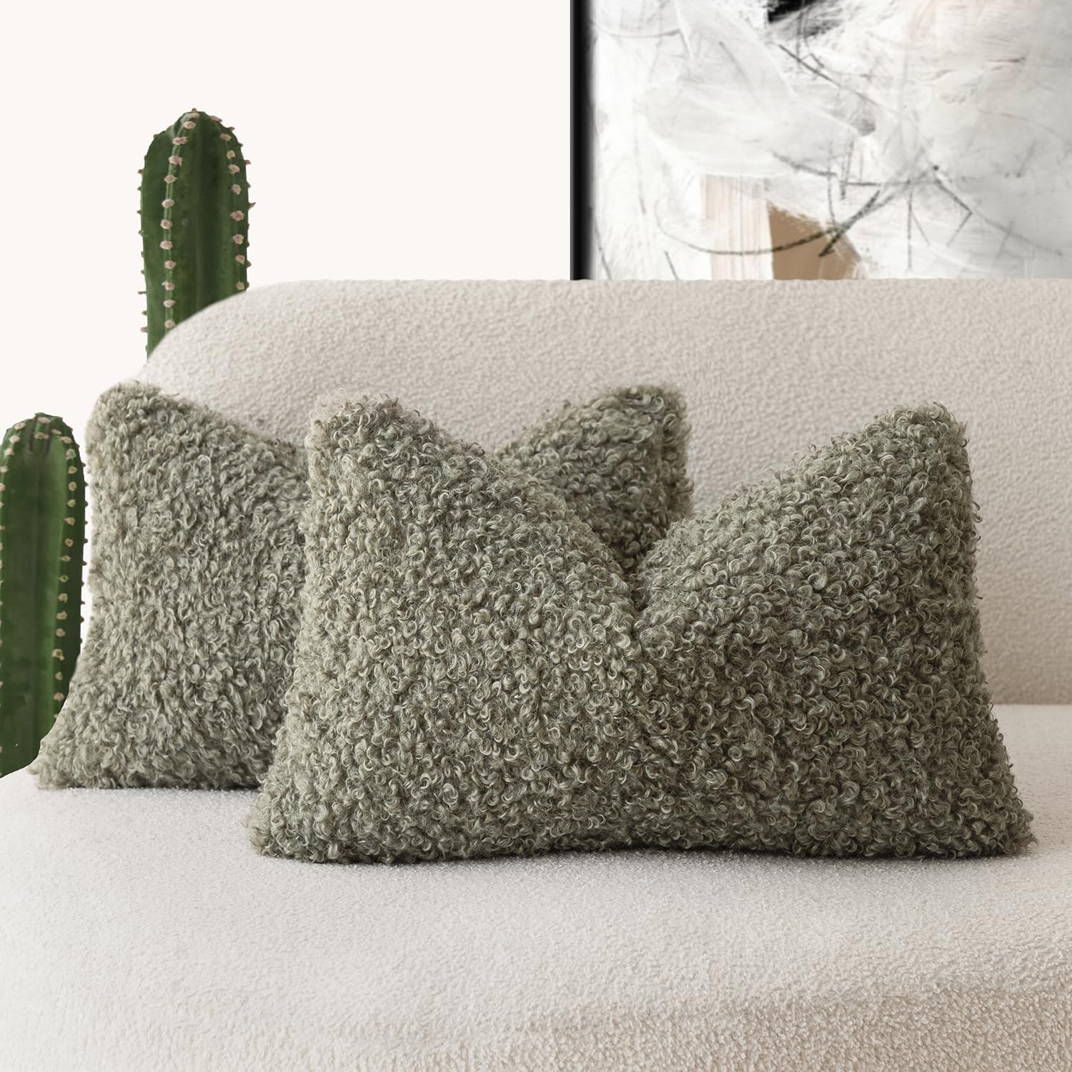 Foindtower Set Of 2 Curly Teddy Wool Pillow Covers Decorative Boucle Textured Lumbar Throw Pillow Faux Fur Pillowcases Sheepskin