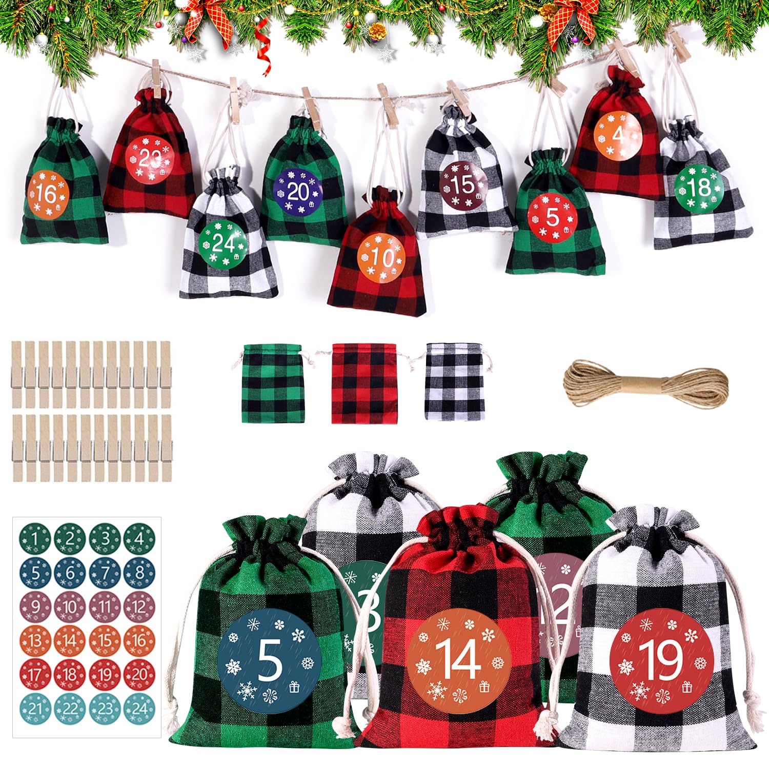 24 Pcs Christmas Advent Calendar Bags, Christmas Advent Calendar Burlap Bags, Hanging Candy Gift Bags with Drawstring, 24 Days C