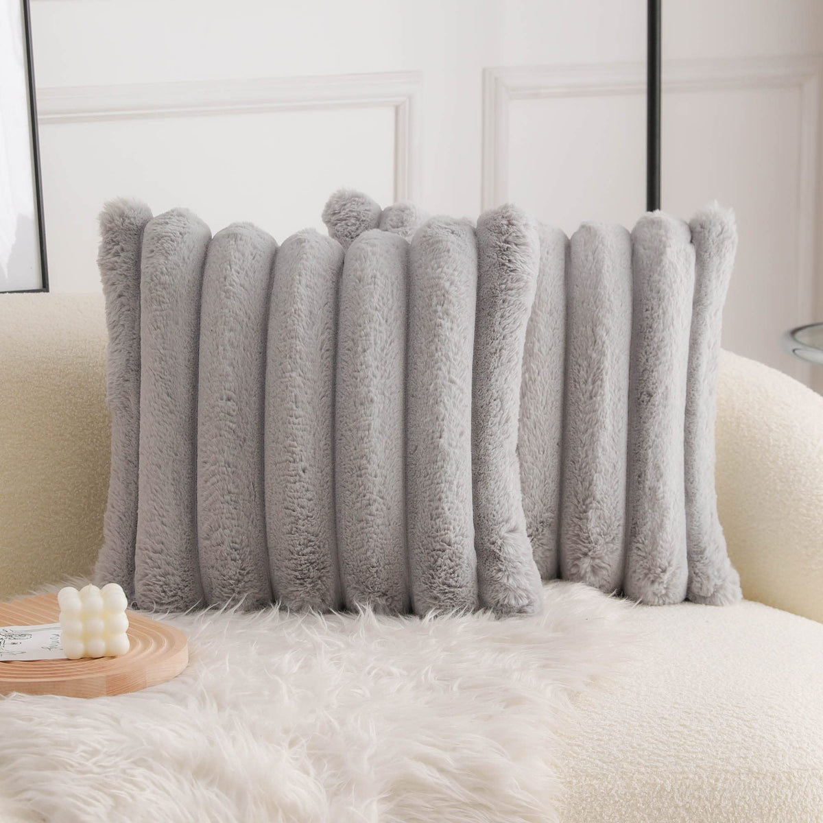 Neelvin Grey Faux Fur Cozy Soft Striped Decorative Throw Pillow Covers 16X16 Inch Set Of 2,Velvet Pillowcase Cushion Case For So