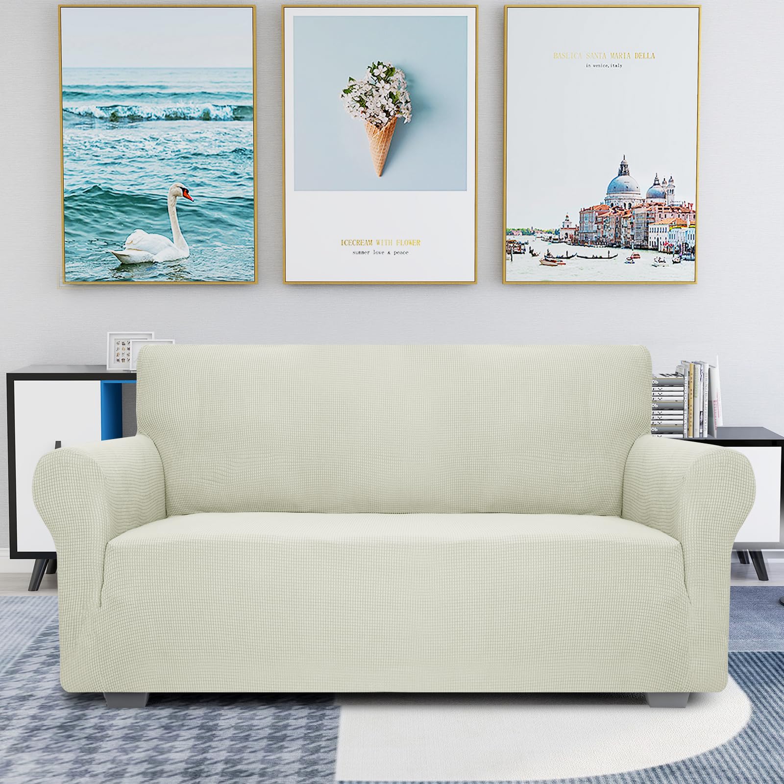 Jiviner High Stretch Loveseat Sofa Slipcovers 1-Piece Jacquard Couch Covers For 2 Cushion Couch Furniture Protector Washable Sofa Covers For Kids Pets Small Checks (Loveseat, Natural)