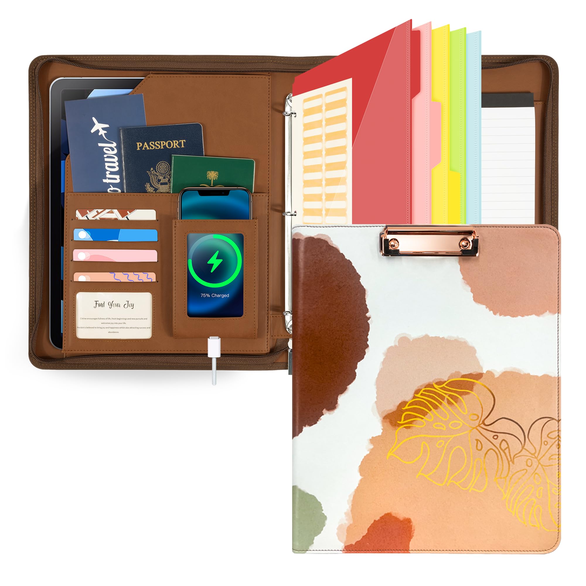 Ospelelf Zipper 1 Inch 3 Ring Binder, Clipboard With Storage 8.5 X 11, Leather Padfolio Portfolio Folder Letter Size With Notepa