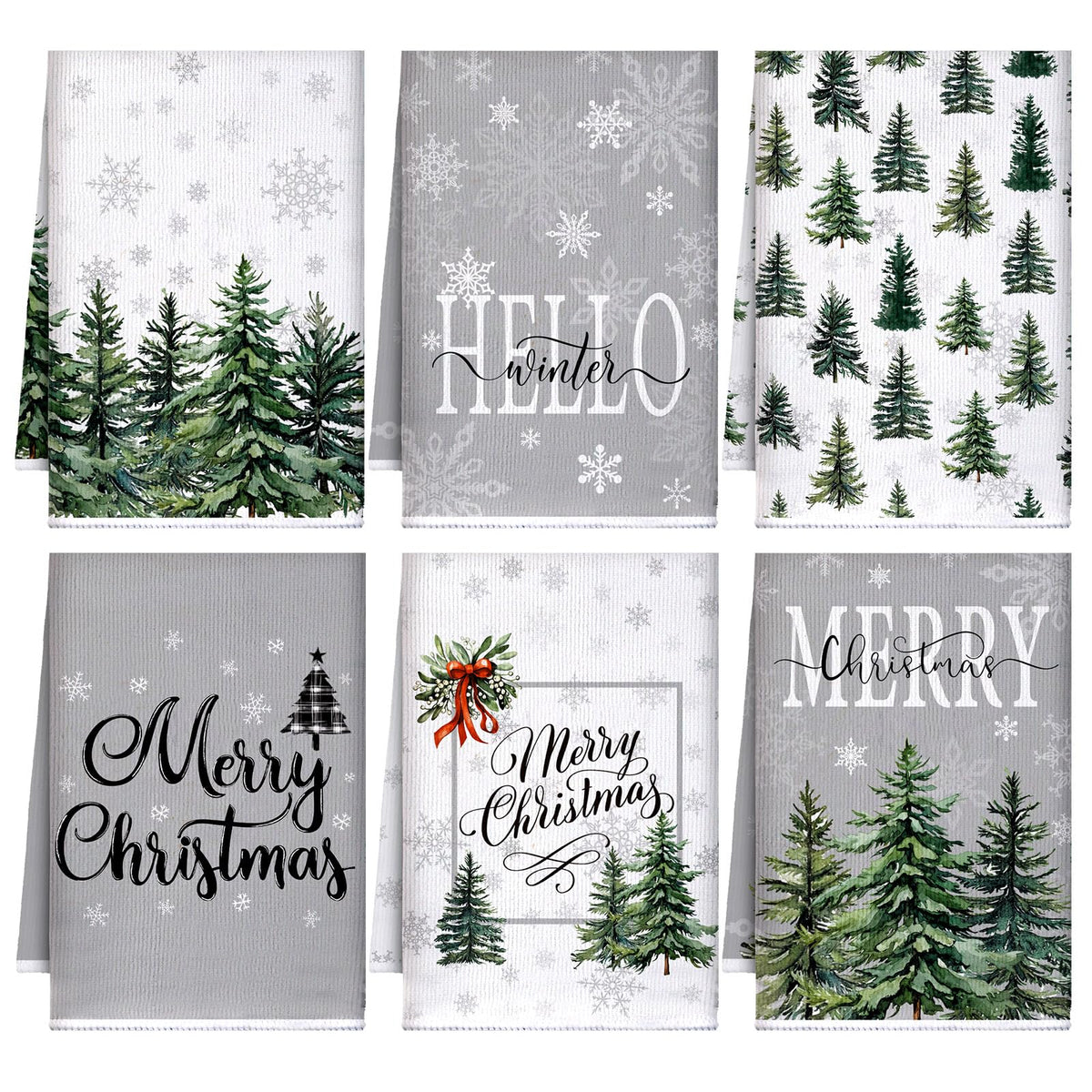 Bencailor 6 Pcs Christmas Kitchen Towel, Green, Snow Tree Style