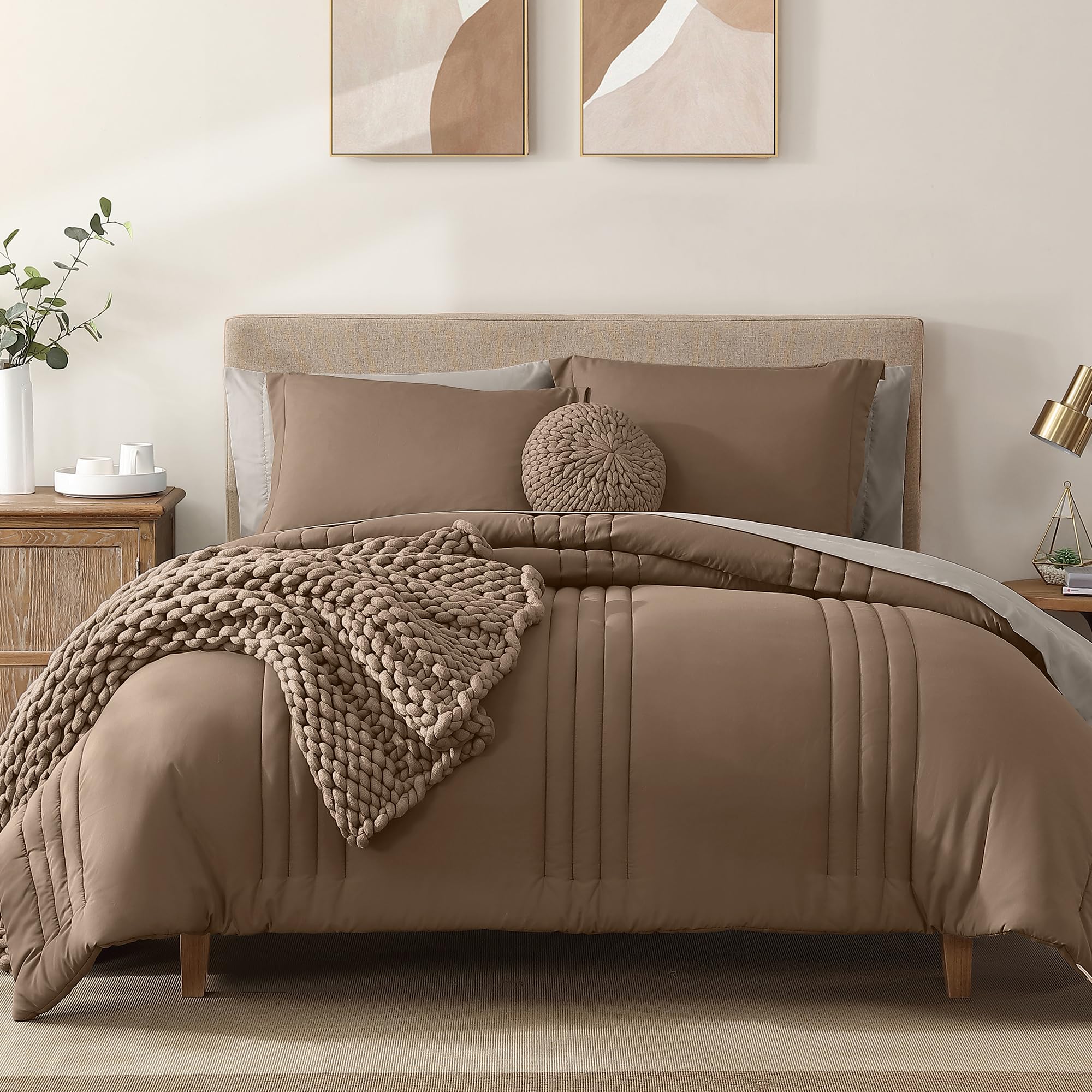 Monbix Queen Comforter Set - 7 Pieces Raw Umber Bed In A Bag Queen Bedding Sets With Comforters, All Seasons Down Alternative Co