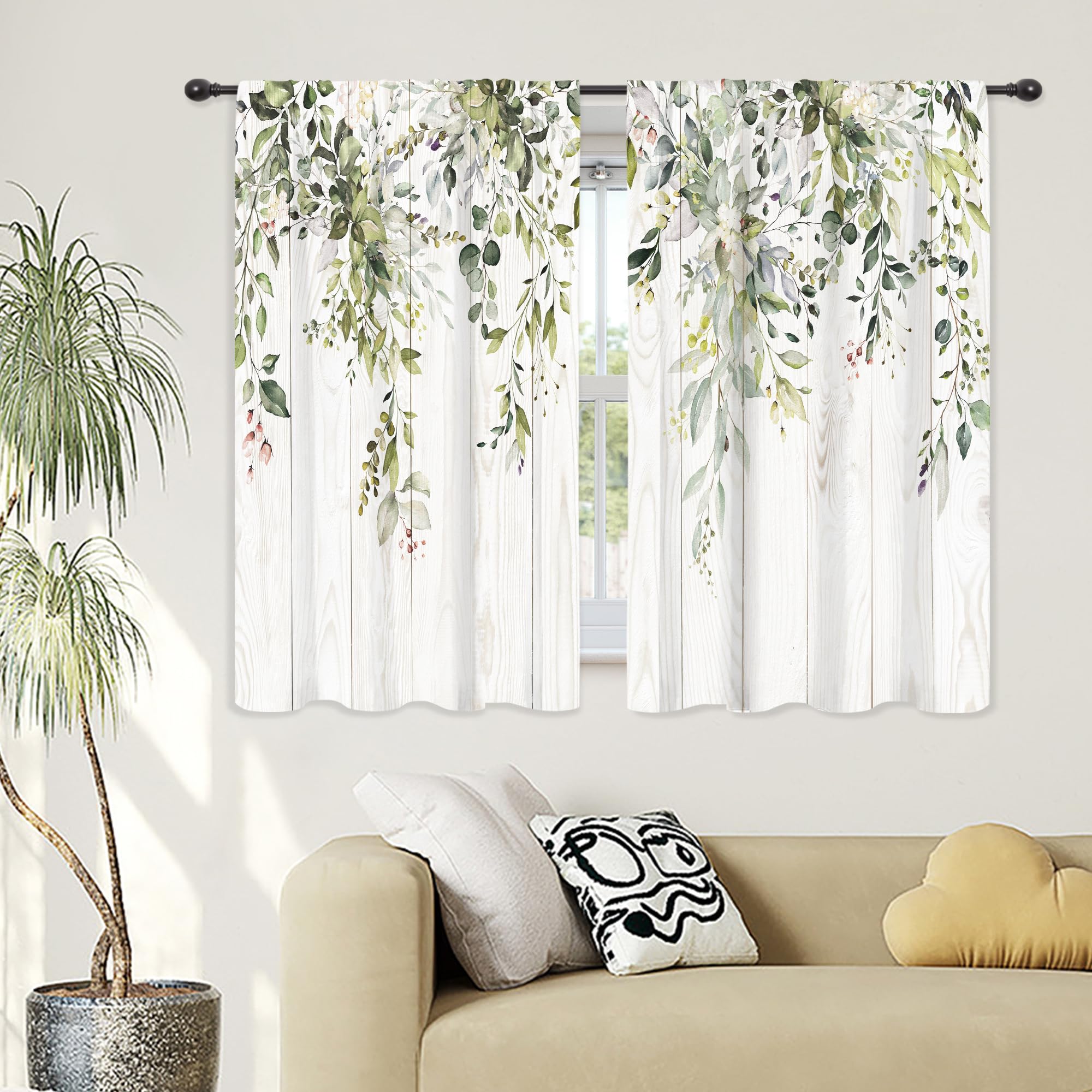 Riyidecor Green Eucalyptus Leaf Curtains 42 X 45 Inch Flower Watercolor Floral Spring Botanical Rod Pocket Wooden Wood Plant Far