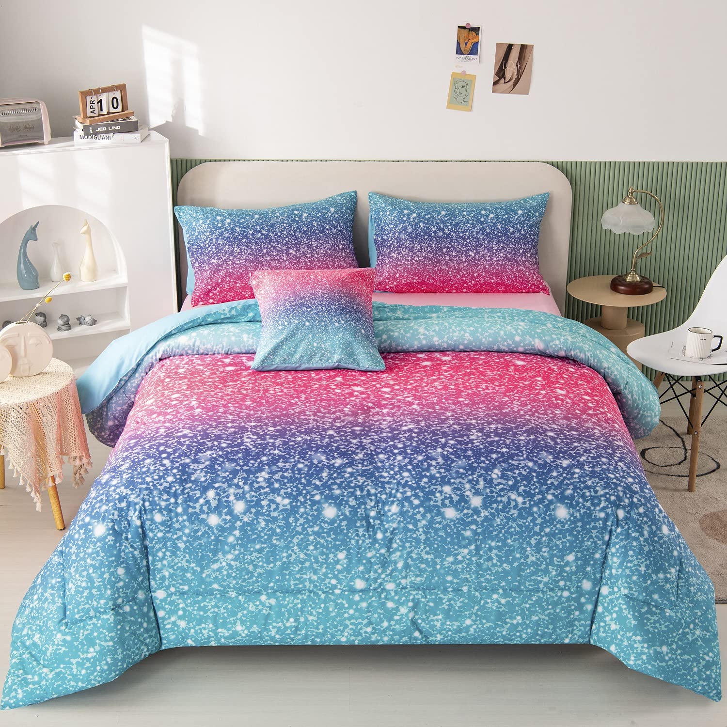 Rynghipy 6Pcs Gradient Glitter Bedding Set For Girls Twin Size, Colorful Rainbow All-Season Comforter Set, Ultra Soft Bedding Co
