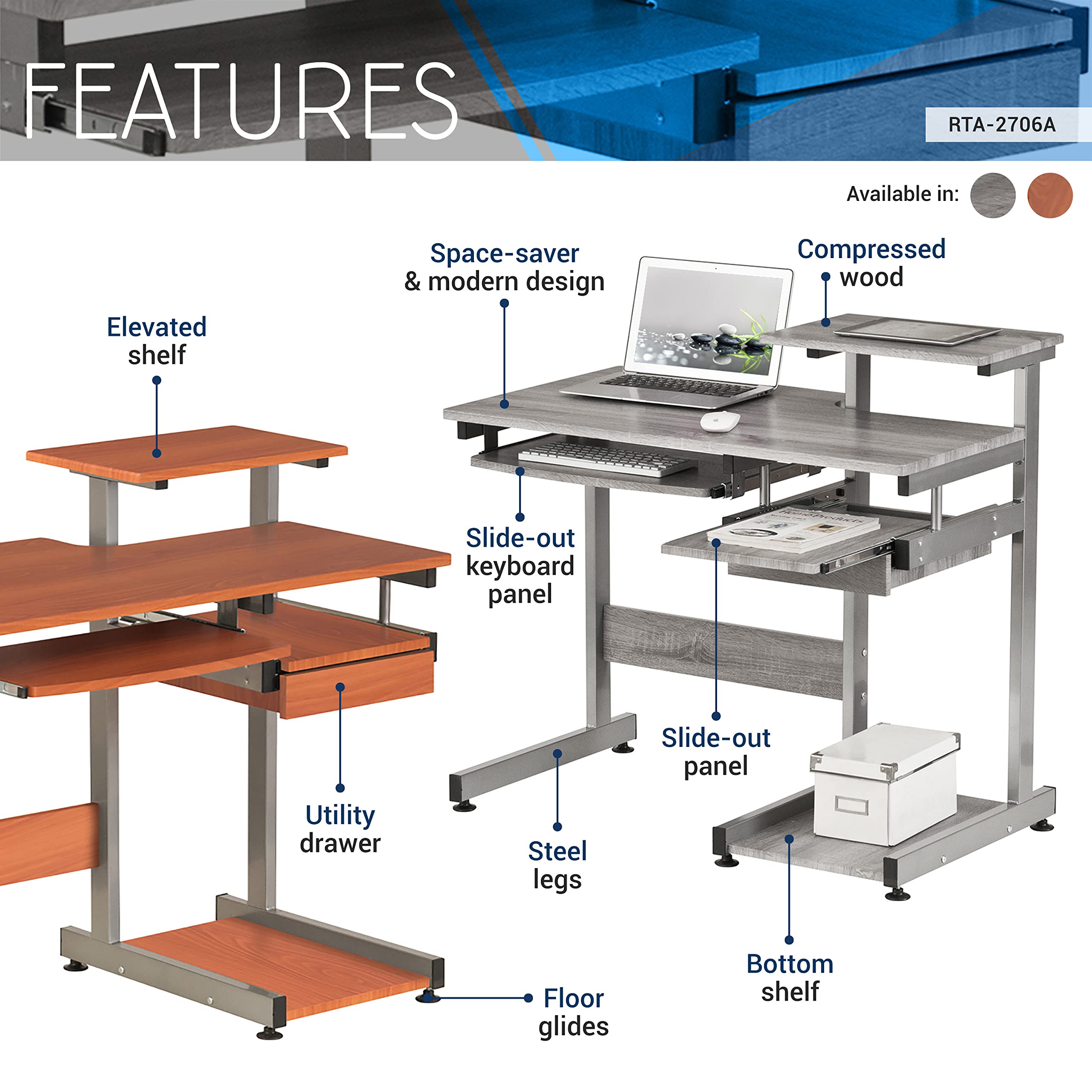 Techni Mobili Complete Computer Workstation Desk, 38" W X 22" D X 35" H, Woodgrain