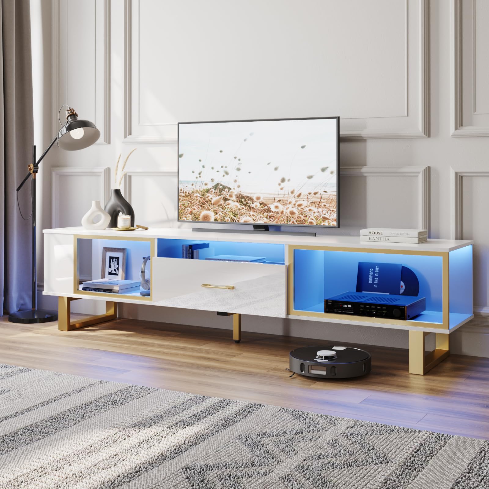Bestier Tv Stand With Led Light For Tvs Up To 80 Inch, Modern Entertainment Center With Open Storage And Half-Glass Design Drawer, High Gloss Media Console Table For Living Room Bedrom, White And Gold
