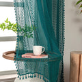 WAZZIO Teal Sheer Curtains 96 Inches Long - Boho Cotton Crochet Lace With Tassel Rod Pocket - Semi Sheer Light Filtering Drapes 