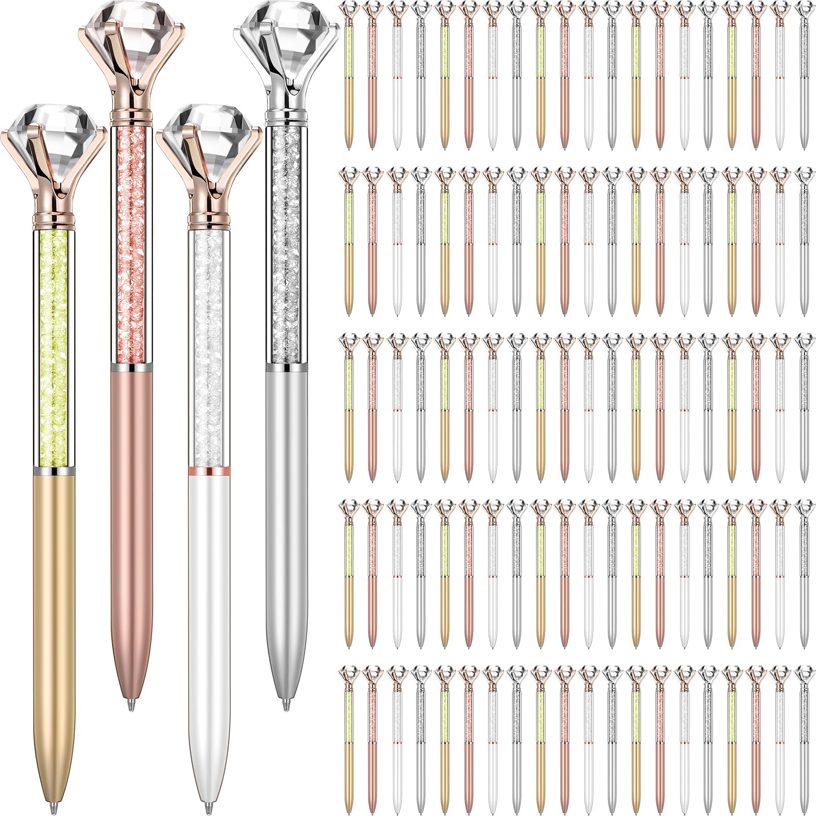 Sherr 100 Pack Big Crystal Diamond Pens Cute Ballpoint Pens Retractable Ballpoint Rhinestones Crystal Bling Gem Plated 4 Color B