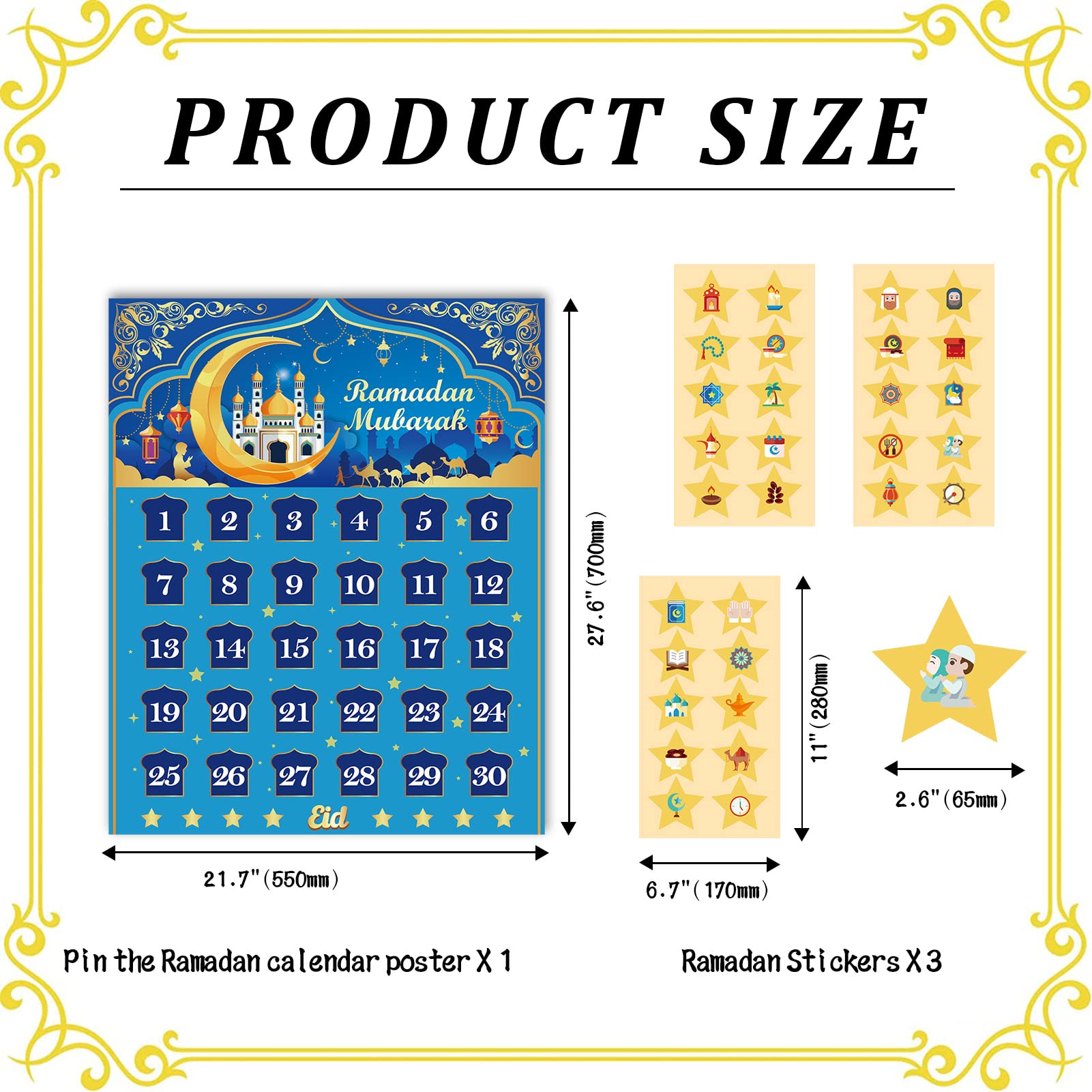 Howaf Ramadan Calendar, Eid Mubarak Calendar Countdown 2024 For Eid Party Supplies, Ramadan Advent Calendar Poster With 30 Count