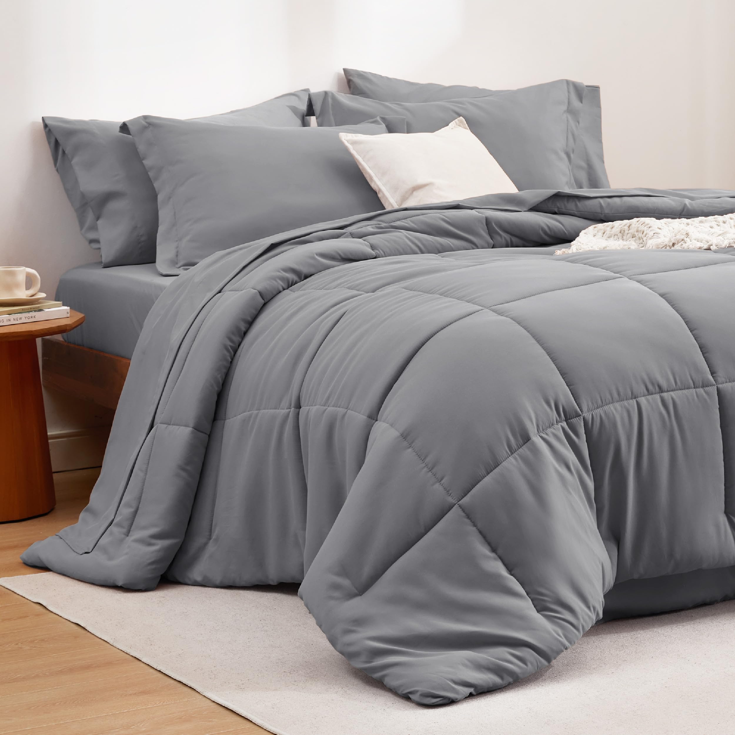 Bedsure Grey Comforter Set Twin - 5 Pieces Solid Bed In A Bag, Twin Bed Set With Comforter, Sheets, Pillowcase & Sham