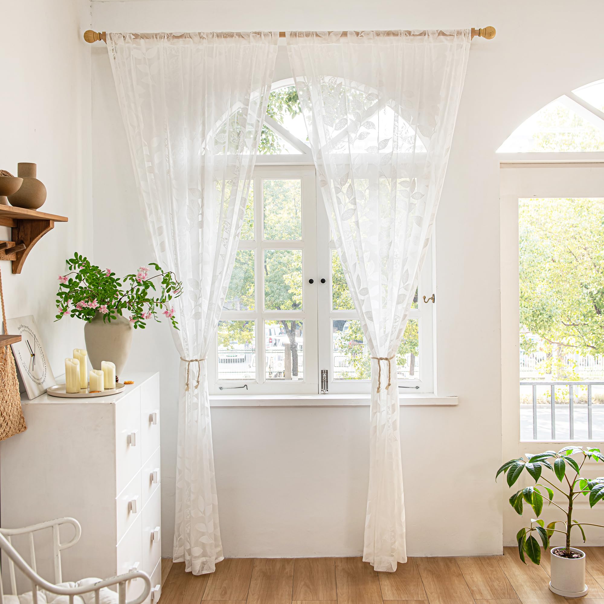 Treatmentex White Lace Sheer Curtains 63Inch Vintage Leaf Knitted Window Curtain Drapes For Living Room Bedroom Light Filtering