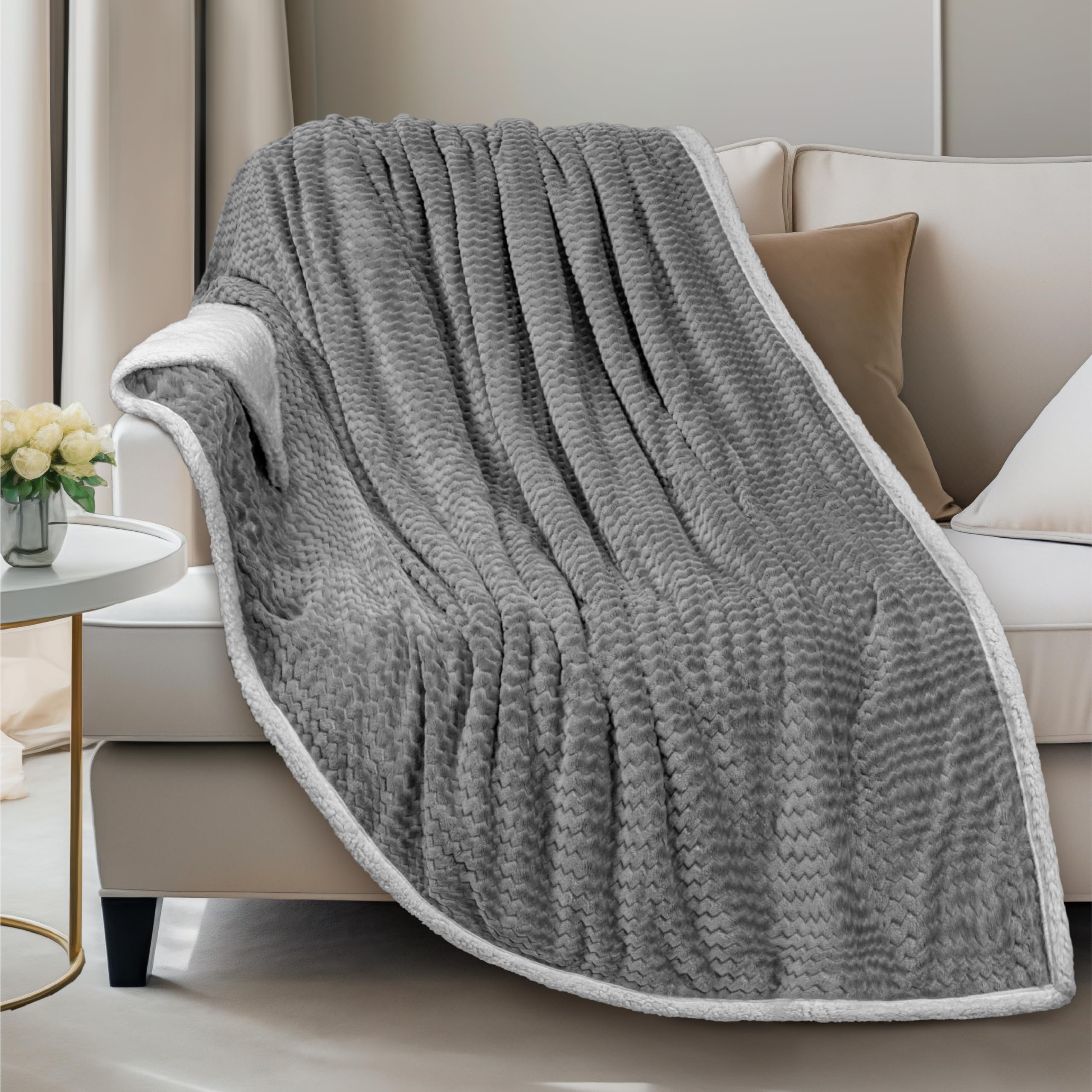 Pavilia Dark Gray Couch Blanket Throw Reversible Sherpa Chevron, Soft Cozy Jacquard Weave Textured Blanket Sofa Bed, Thick Warm