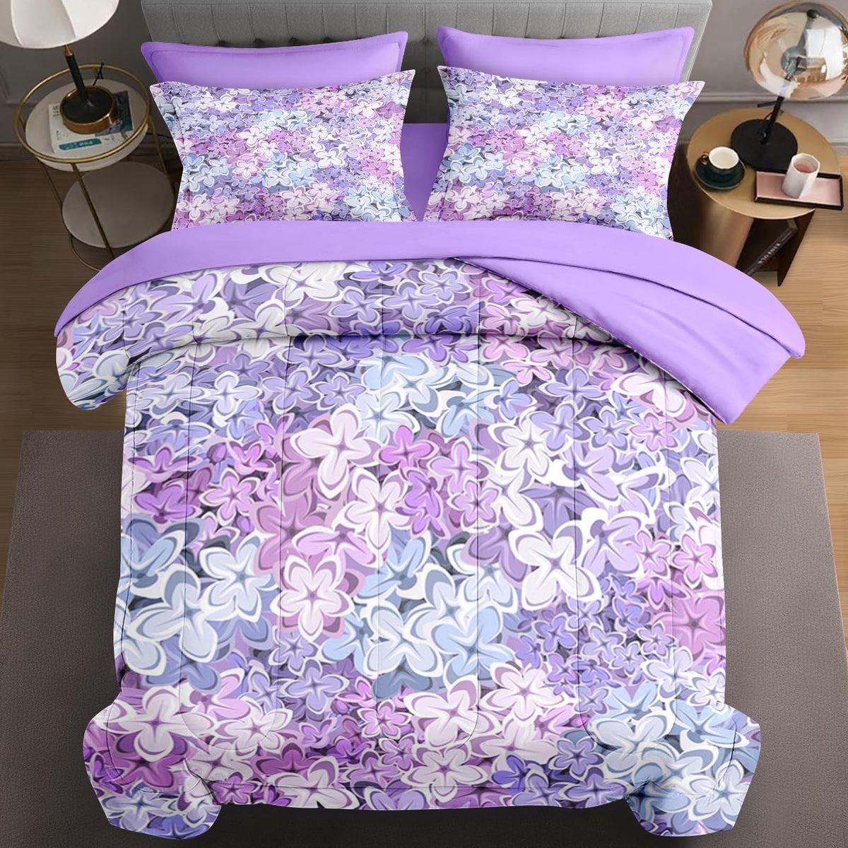Wecozy 7 Pcs Full Size Comforter Set With 2 Pillowcases & 2 Shams, Pink Lilac Flower Bedding For Kids And Adults, Blue Purple Fl