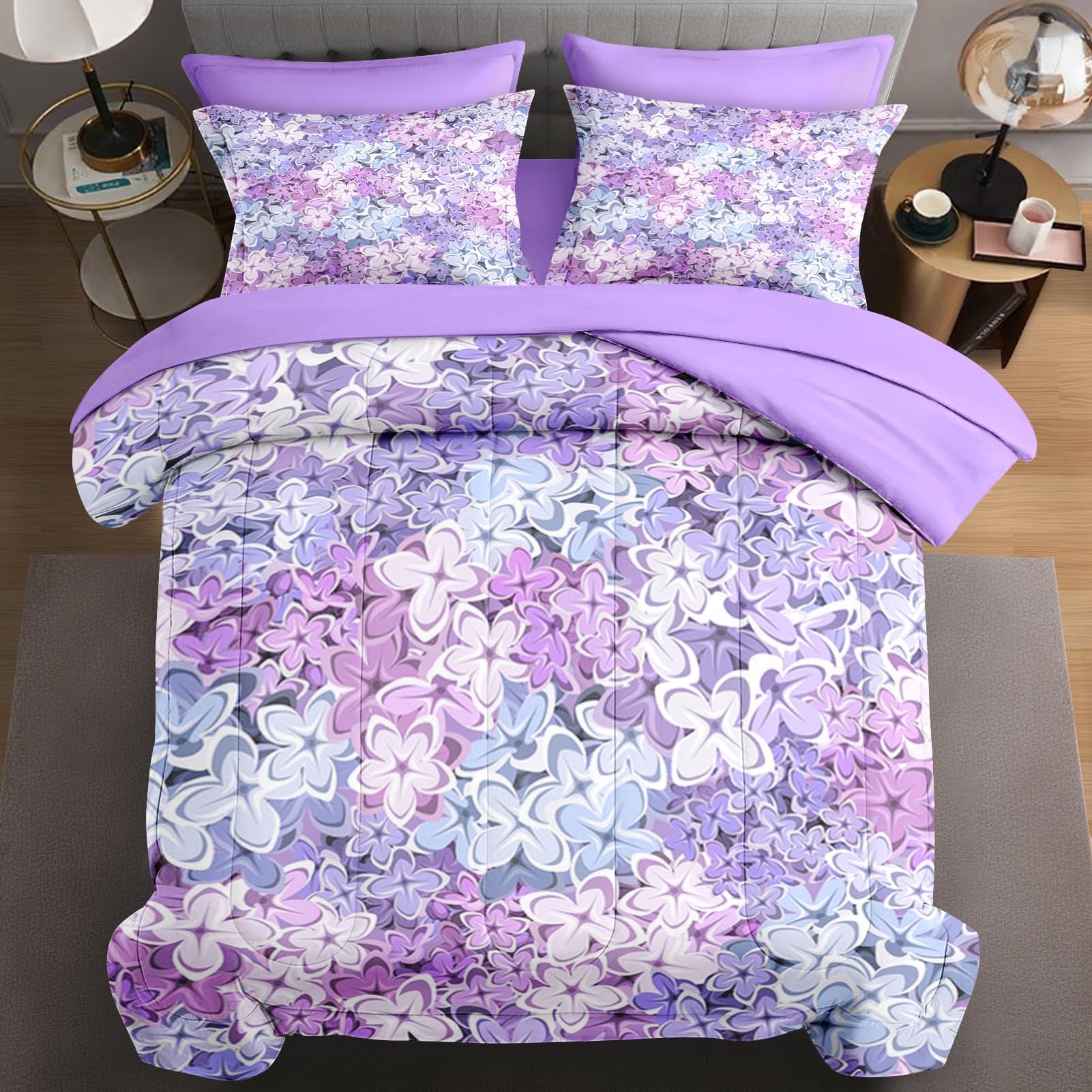 Wecozy 7 Pcs Full Size Comforter Set With 2 Pillowcases & 2 Shams, Pink Lilac Flower Bedding For Kids And Adults, Blue Purple Fl