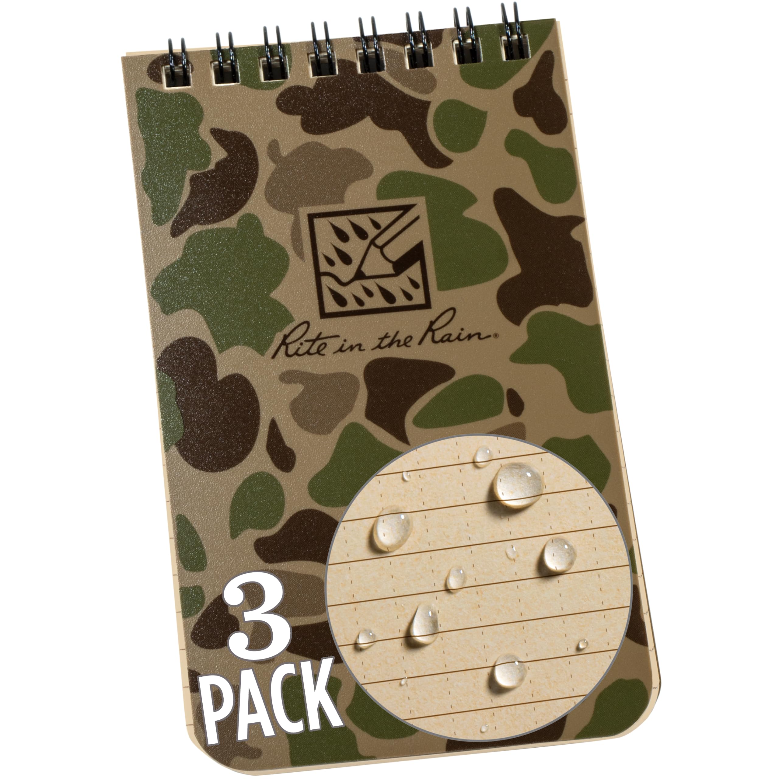 Rite In The Rain Weatherproof Top Spiral Notebook, 3' X 5', Duck Camo Cover, Universal Pattern, 3 Pack (No. Dc935T-3)