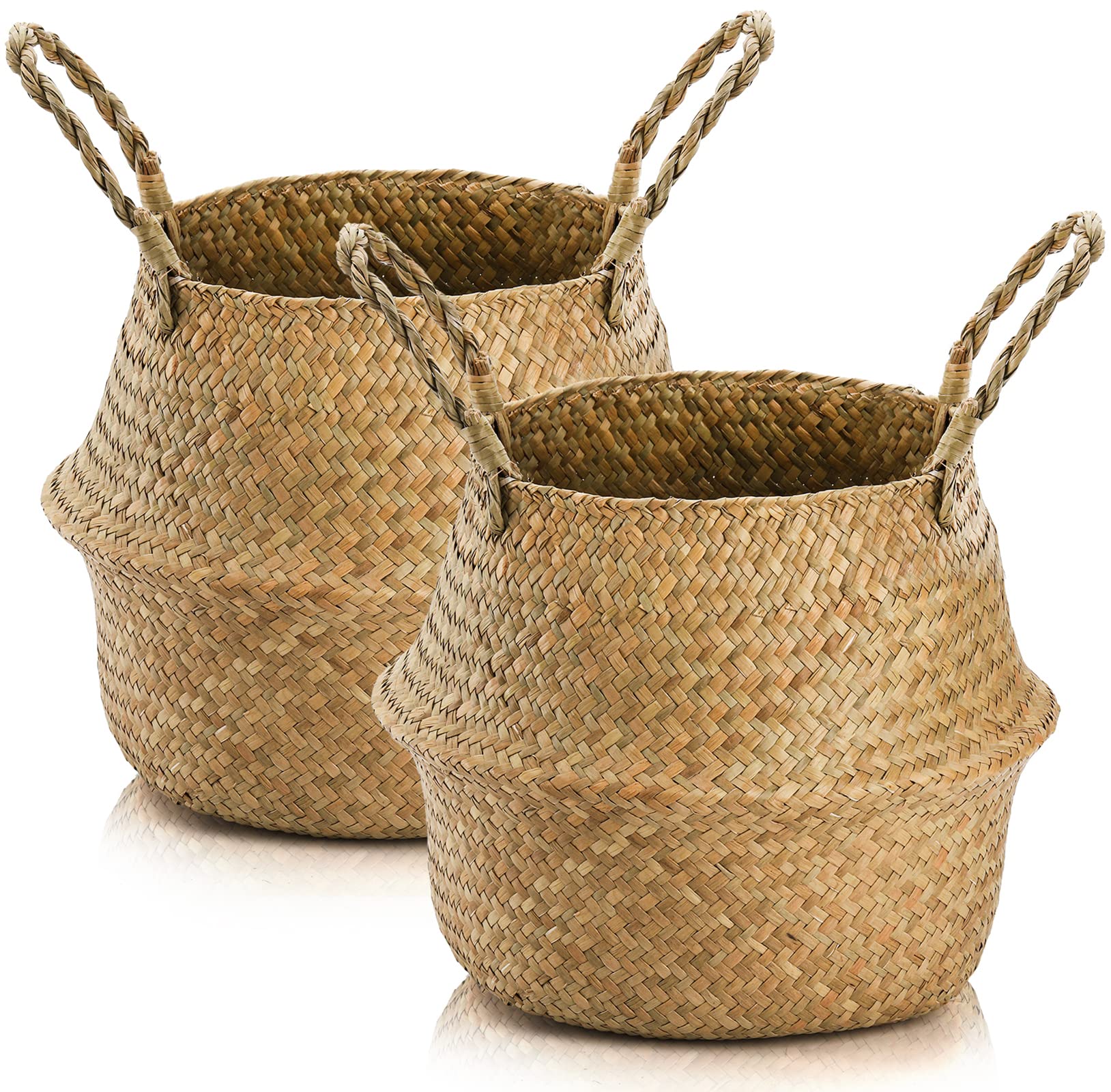 Yesland 2 Pack Woven Seagrass Plant Basket With Handles, Ideal Wicker Baskets Storage Plant Pot Basket For Laundry, Picnic, Plan