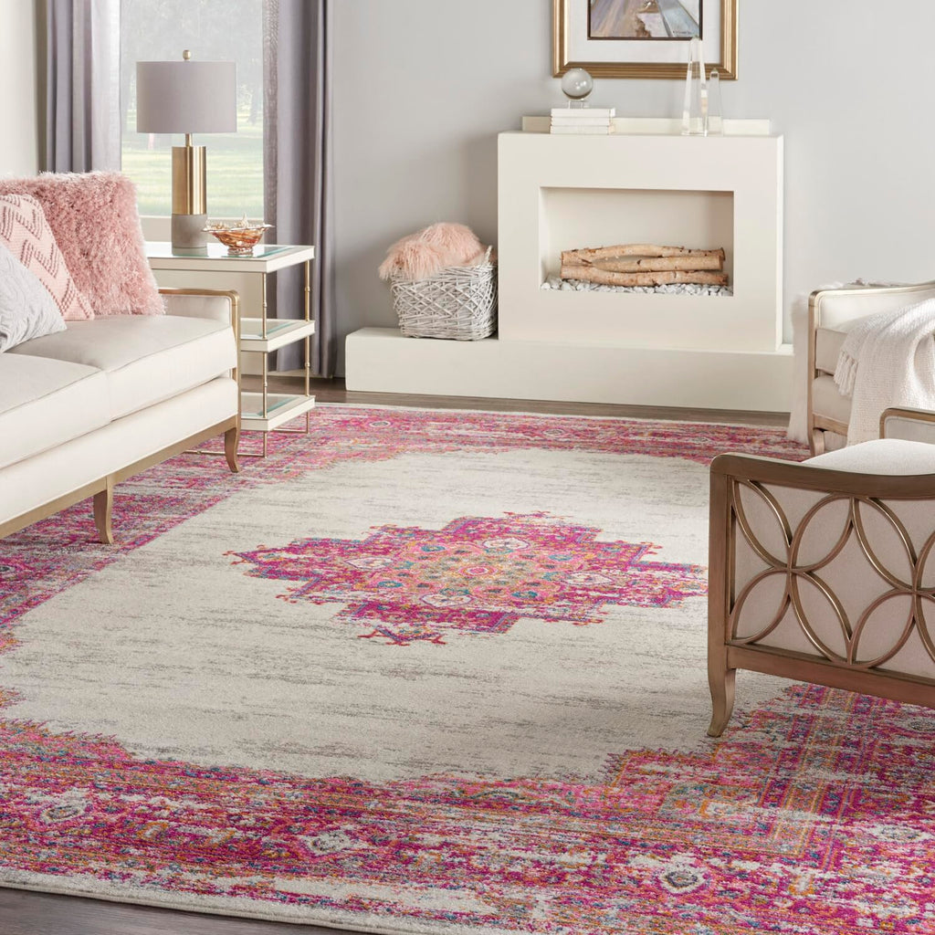 Nourison Passion Ivory/Fushia 10' X 14' Area-Rug, Boho, Traditional, Easy-Cleaning, Non Shedding, Bed Room, Living Room, Hallway
