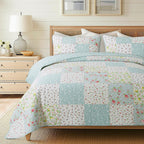 Soul & Lane Whispering Flowers Cotton Quilt Set - Queen Size With 2 Shams, White And Blue Pieced Patchwork Design, Country Flora