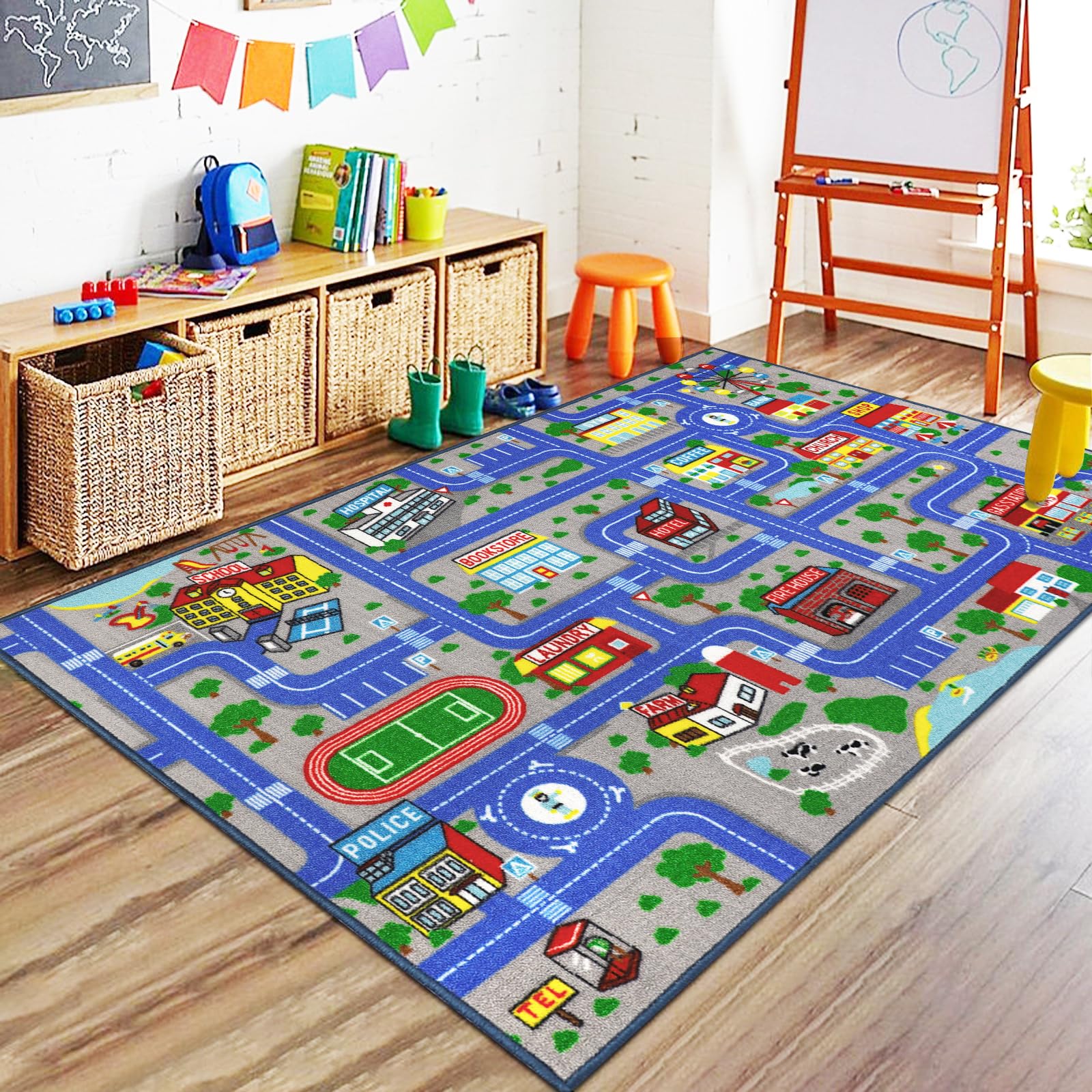 Capslpad Blue Car Road Kid Rug Carpet Playmat for Playoom Traffic Road Kids Play Mat for Toddler Non Slip Washable City Map Race