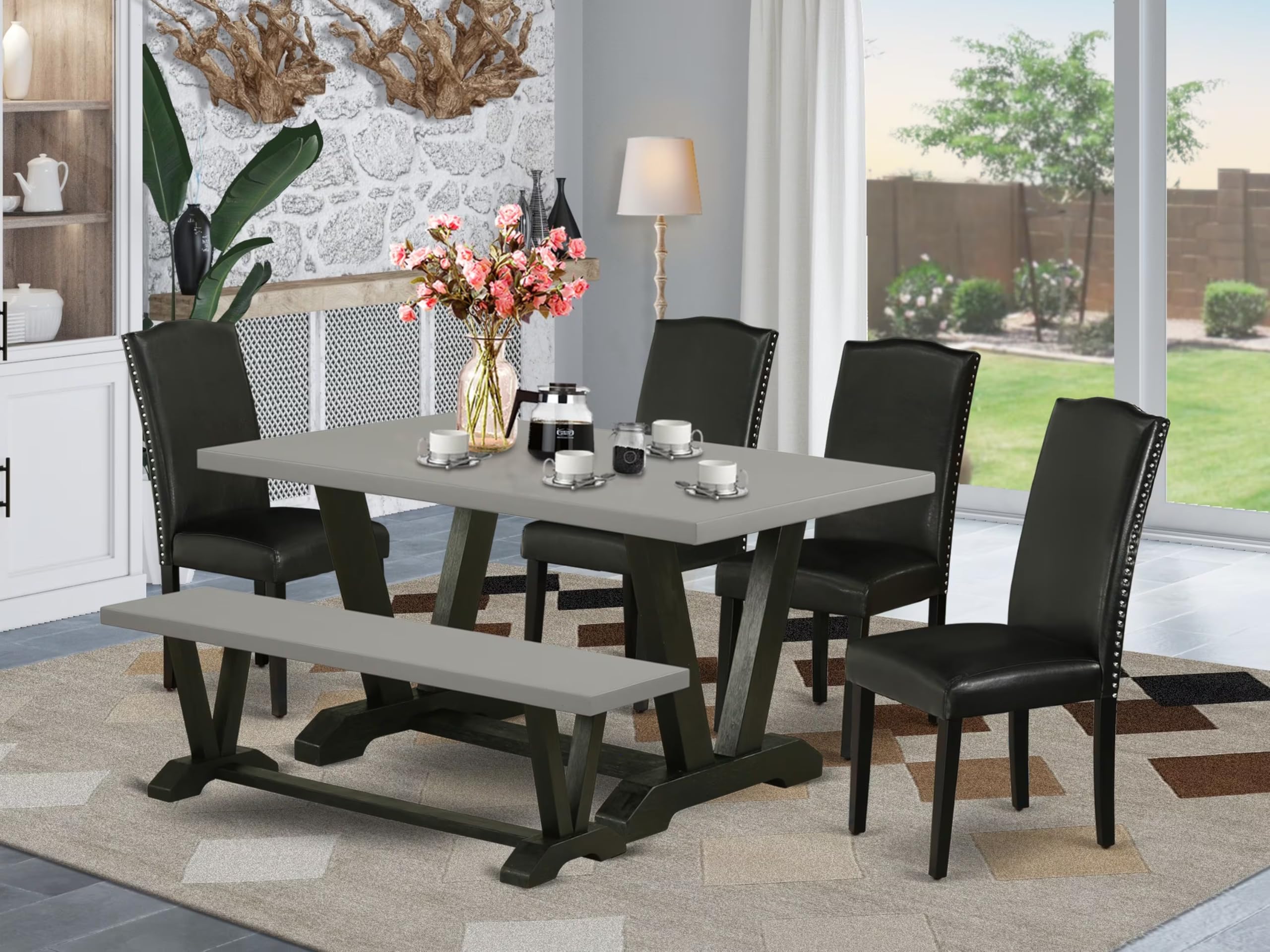 East West Furniture V696En169-6 6 Piece Dinette Set Contains A Rectangle Dining Room Table With V-Legs And 4 Black Faux Leather Upholstered Chairs With A Bench, 36X60 Inch, Multi-Color