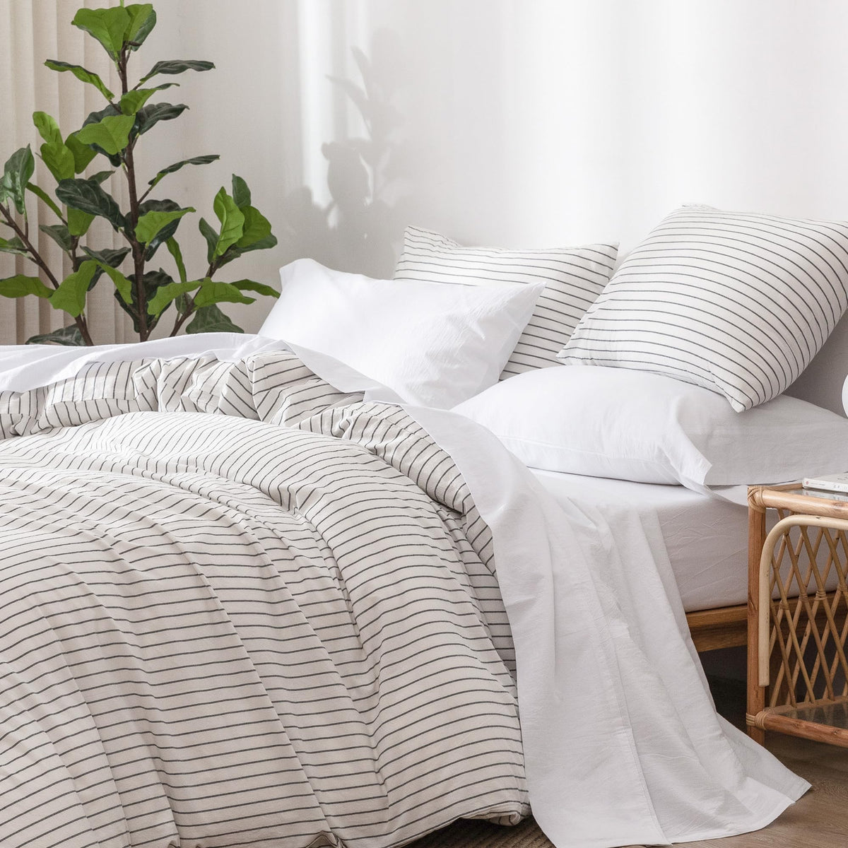 Moomee Bedding Sheet Set 100% Washed Cotton Linen Like Textured Breathable Durable Soft Comfy (Bright White, Twin)