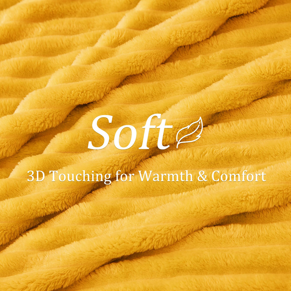 Bedelite Fleece Throw Blanket For Couch - 300Gsm Soft & Warm Fluffy Yellow Blanket, Decorative And Giftable Striped Blankets For
