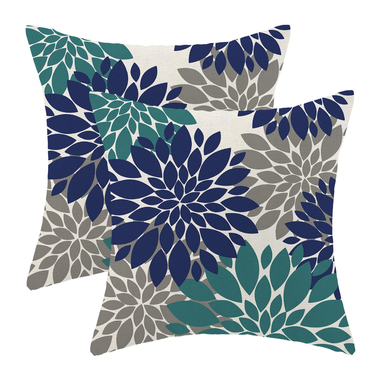 CXMEIFLY Navy Blue Summer Outdoor Pillow Covers 18x18 Inch Set of 2 Aqua Teal Grey Dahlia Floral Decor Throw Pillows Modern Geom