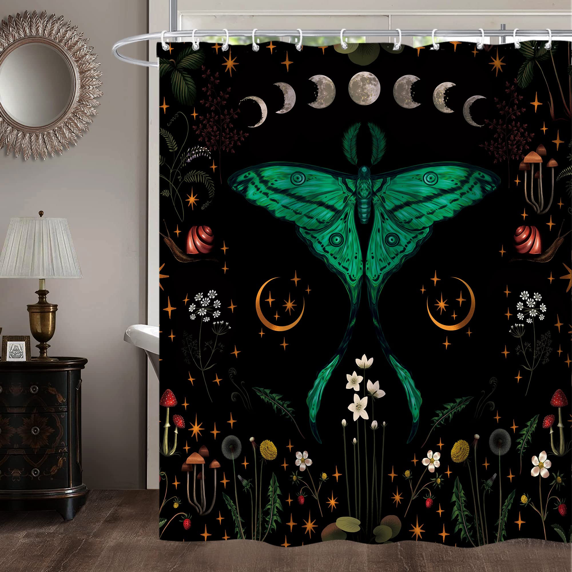 Miyotaa Moth Butterfly Moon Phase Floral Shower Curtain Set 60Wx71H Inches Witchy Gothic Night Moonlit Vintage Botanical Mushroo
