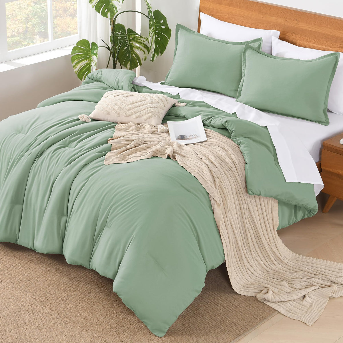 Andency Sage Green Full Size Comforter Sets - 7 Pieces Bed In A Bag Full Beddding Comforter Sets, Summer Solid Soft Lightweight Comforter With Fitted Sheets, Flat Sheets, Pillowcases & Shams