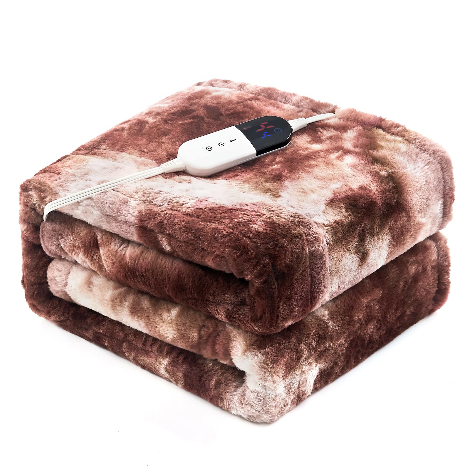 Ptq Electric Heated Blanket 50'X60',Luxury White Coffee Faux Fur Electric Throw Blanket,Fast Heating Soft Fluffy Thick Electri