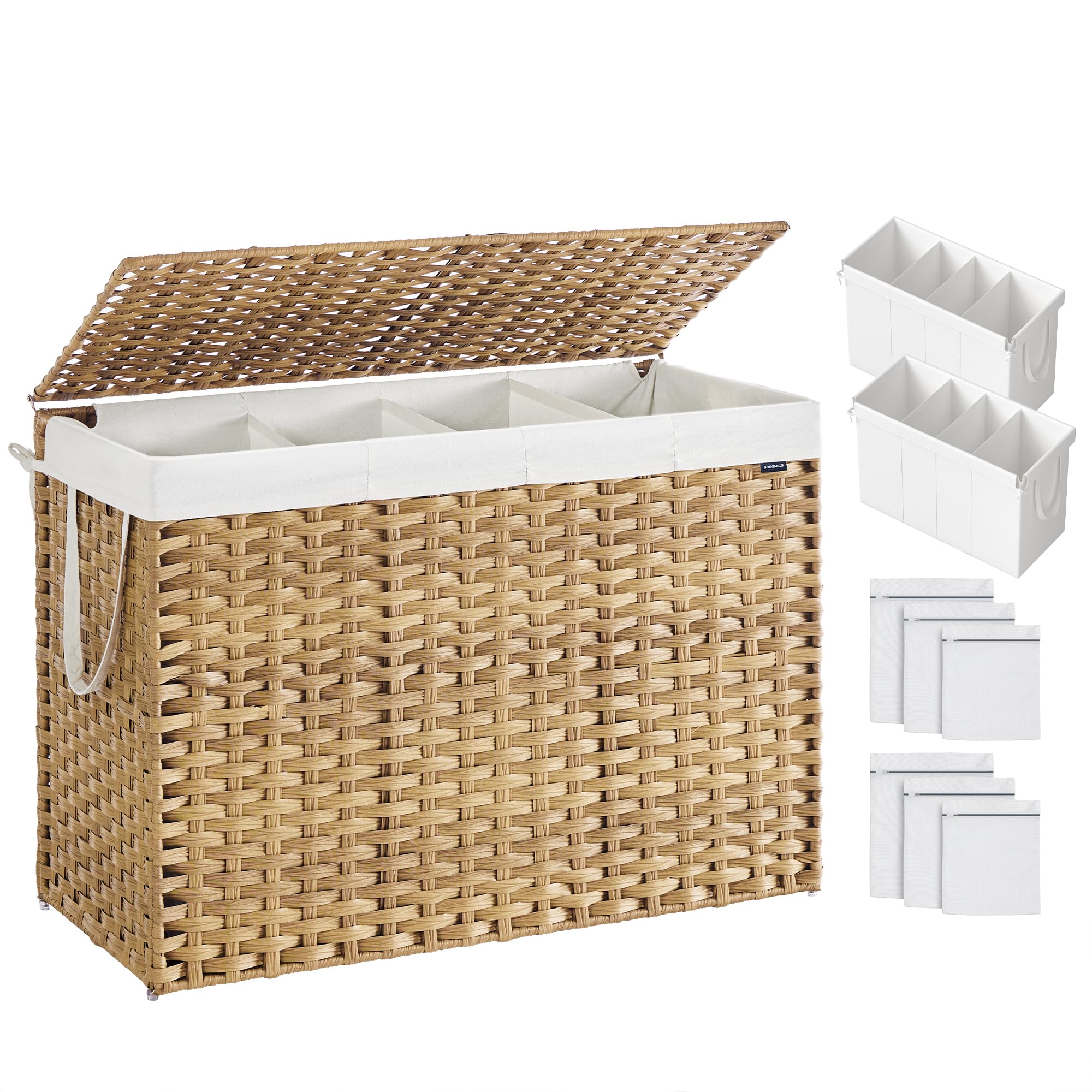 SONGMICS Laundry Hamper with Lid, 200 L Clothes Hamper with 2 Removable Liner Bags, 6 Mesh Bags, Wicker Laundry Basket, Double L
