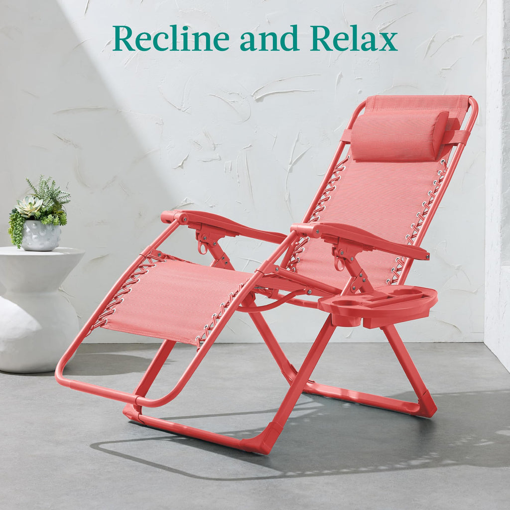 Best Choice Products Adjustable Zero Gravity Chair, Monochromatic Color Folding Patio Recliner W/Side Tray, Headrest - Coral