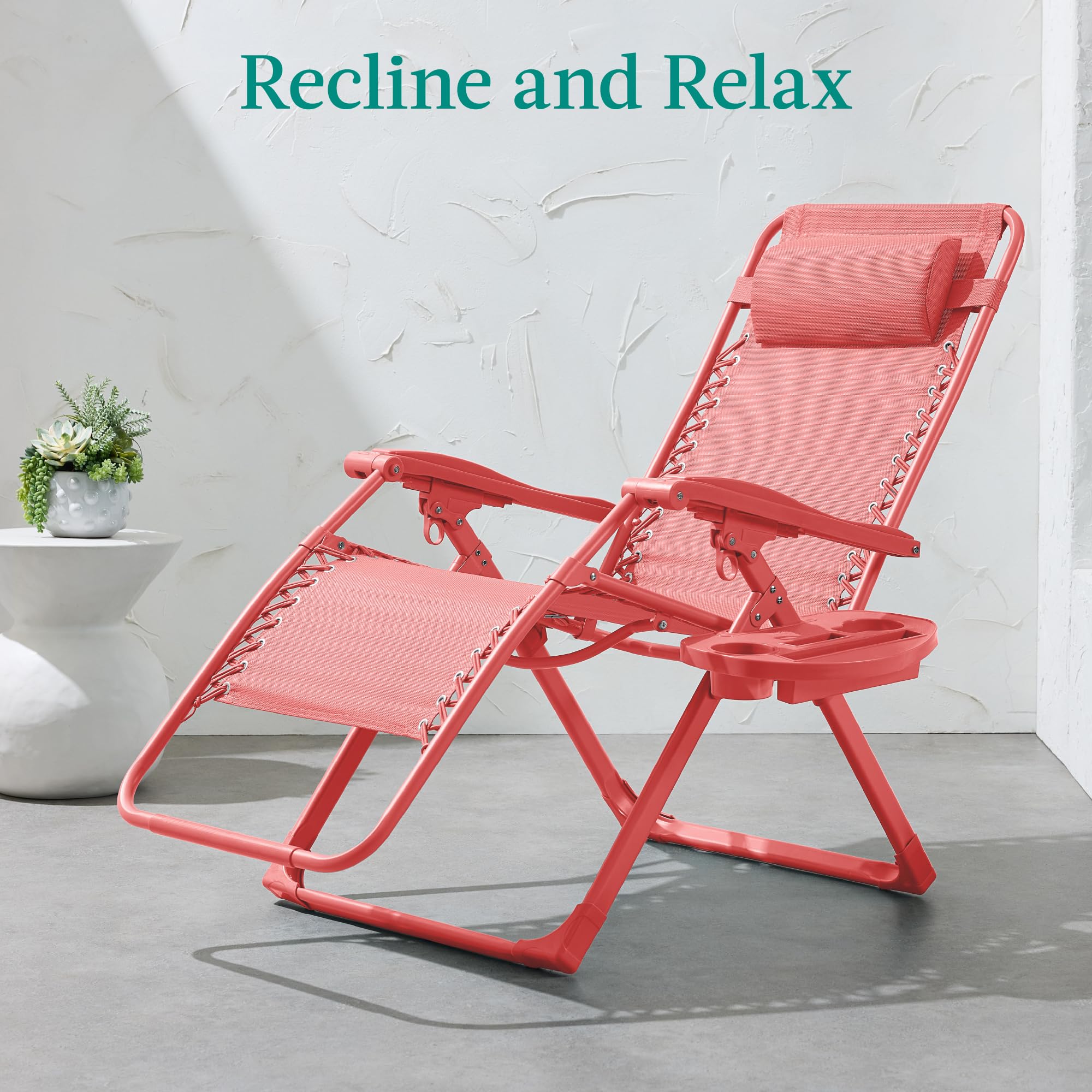 Best Choice Products Adjustable Zero Gravity Chair, Monochromatic Color Folding Patio Recliner W/Side Tray, Headrest - Coral