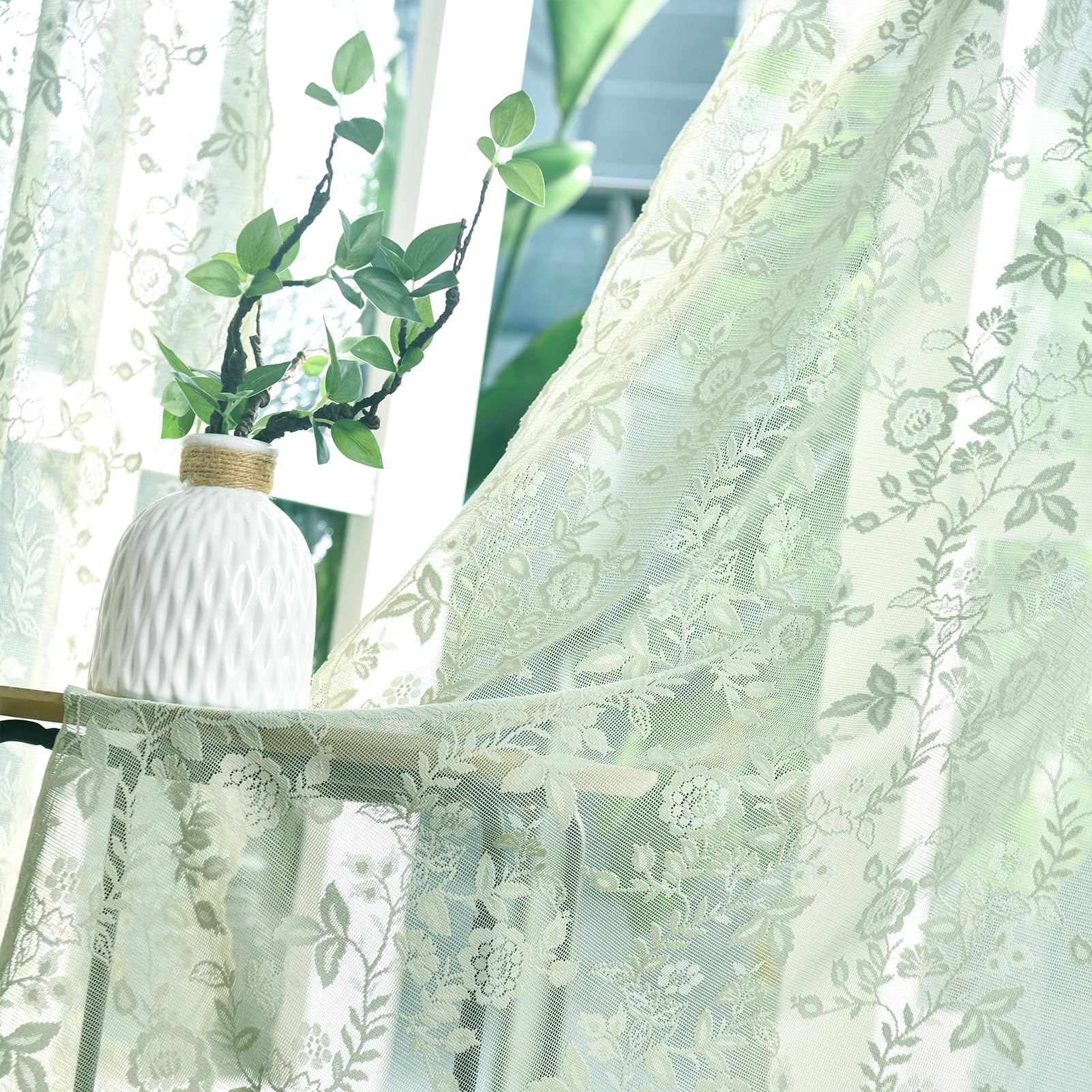 Finecity Green Lace Curtains 96 Inches Long, Country Rustic Leaf Floral Spring Sheer Curtains For Living Room, Rod Pocket Privac