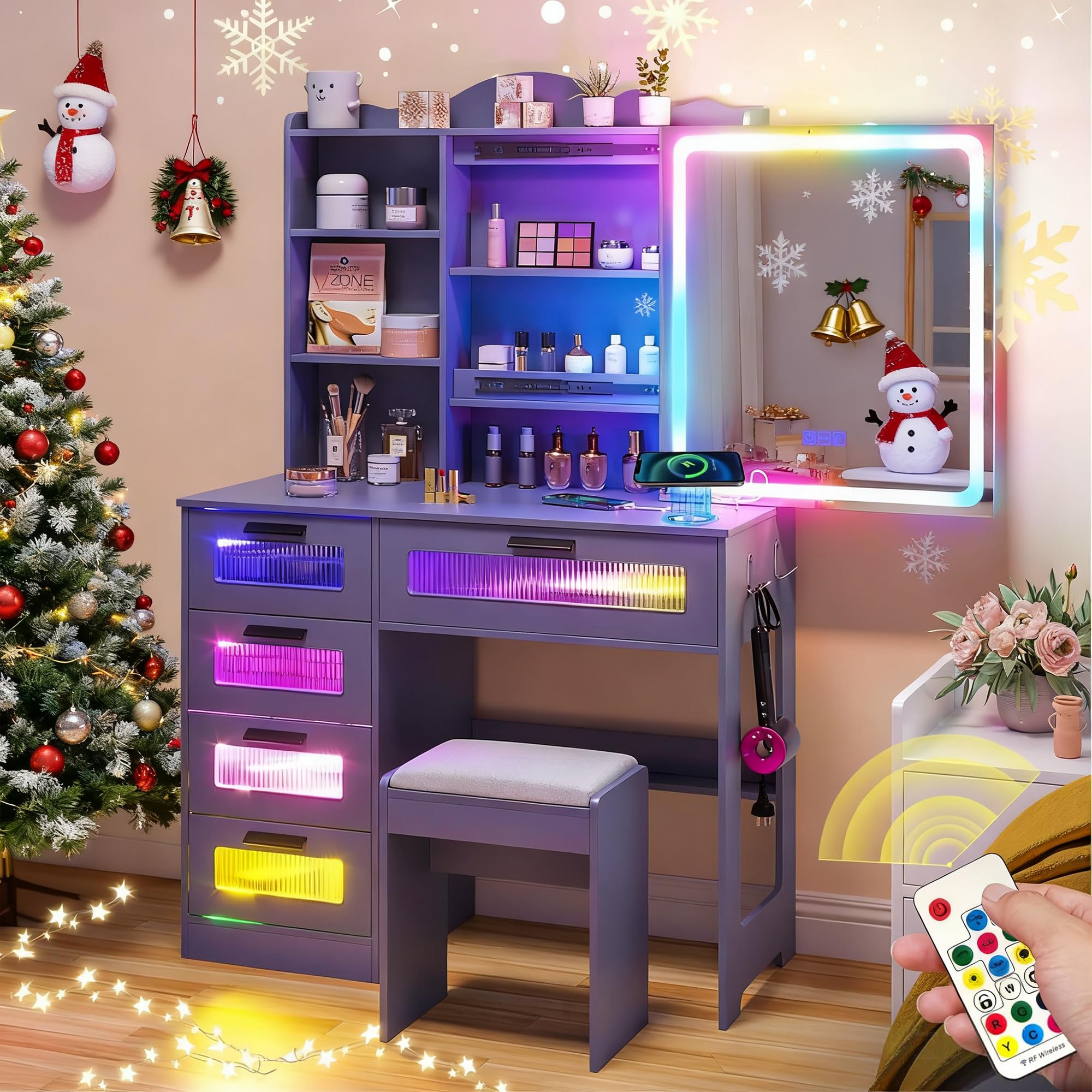 FOMNEY Vanity Desk with Mirror and Lights, RGB LED Makeup Vanity Desk with Charging Station, Vanity Set with Stools&Sliding Touc
